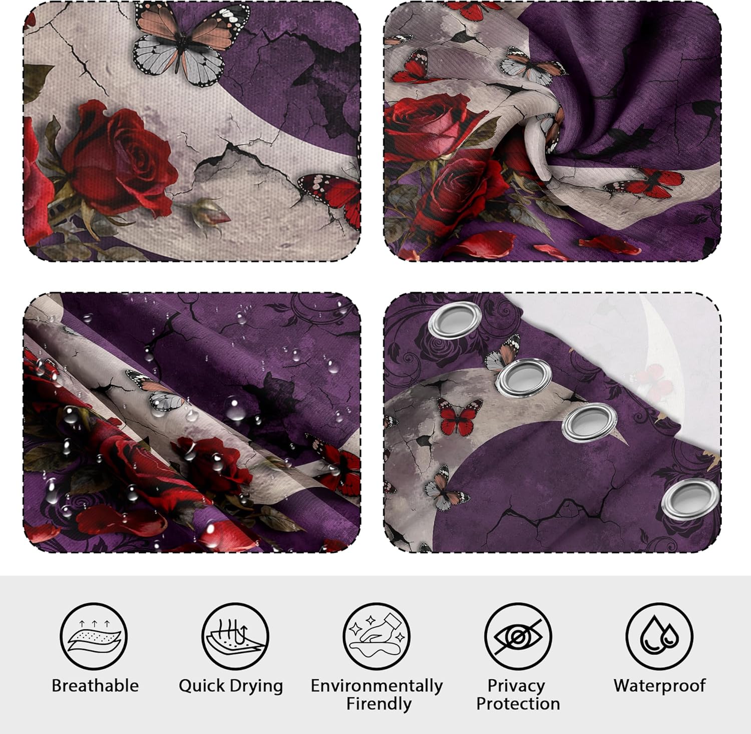 Purple Witchy Shower Curtain Gothic Moon Goth Shower Curtains for Bathroom Decor Sets Waterproof Cloth Fabric with Hooks, 70 x 84 Inch