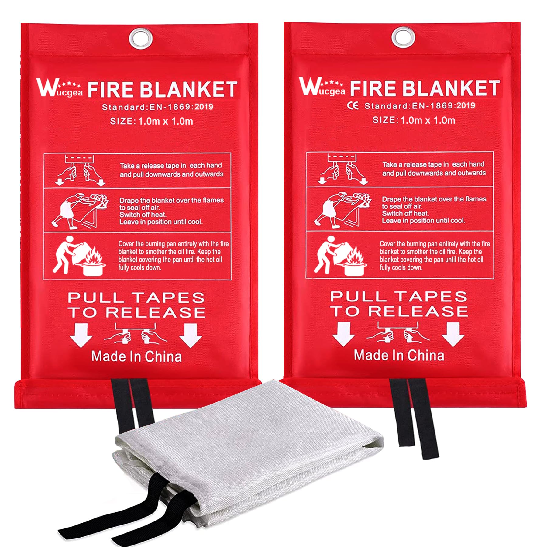 wucgea Löschdecke für küche - 2 Packung Feuerlöschdecke DIN EN 1869:2019 Sicherheit Glasfaser Brandschutzdecke für Fettbrände Auto Schule Kamin Grill Büro Garage Schweißen Lager 1,0m x 1,0m