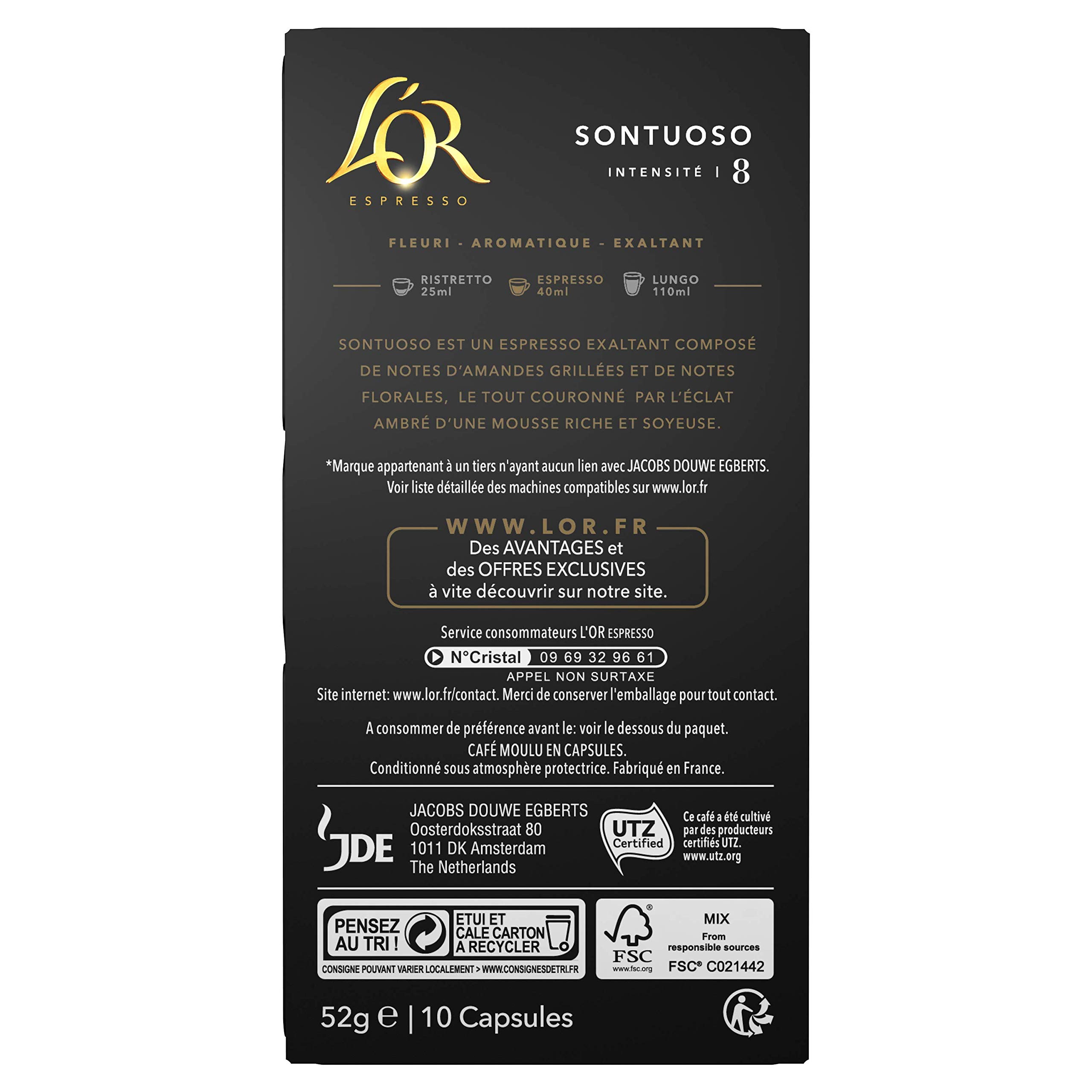 L'Or Espresso Café, 100 capsules Sontuoso Intensité 8, Nespresso®* compatibles