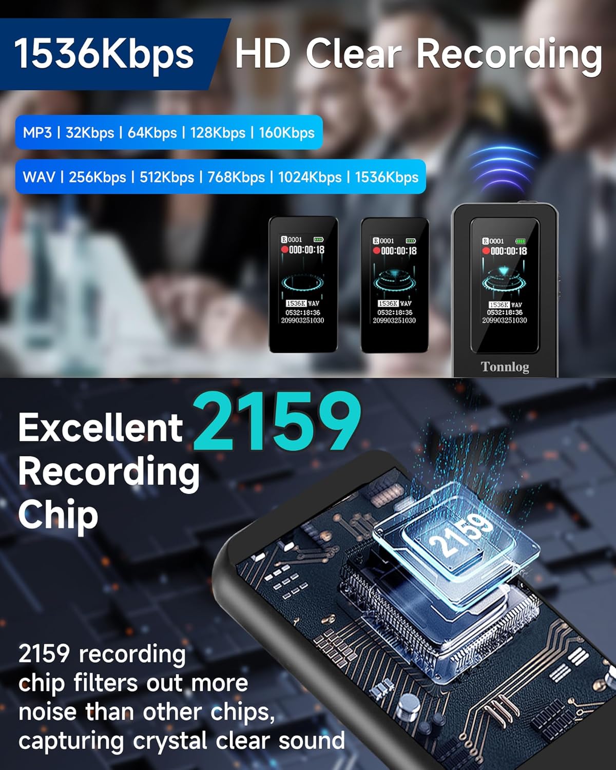 Tonnlog Digital Voice Recorder highlighting 1536Kbps HD recording and 2159 chip