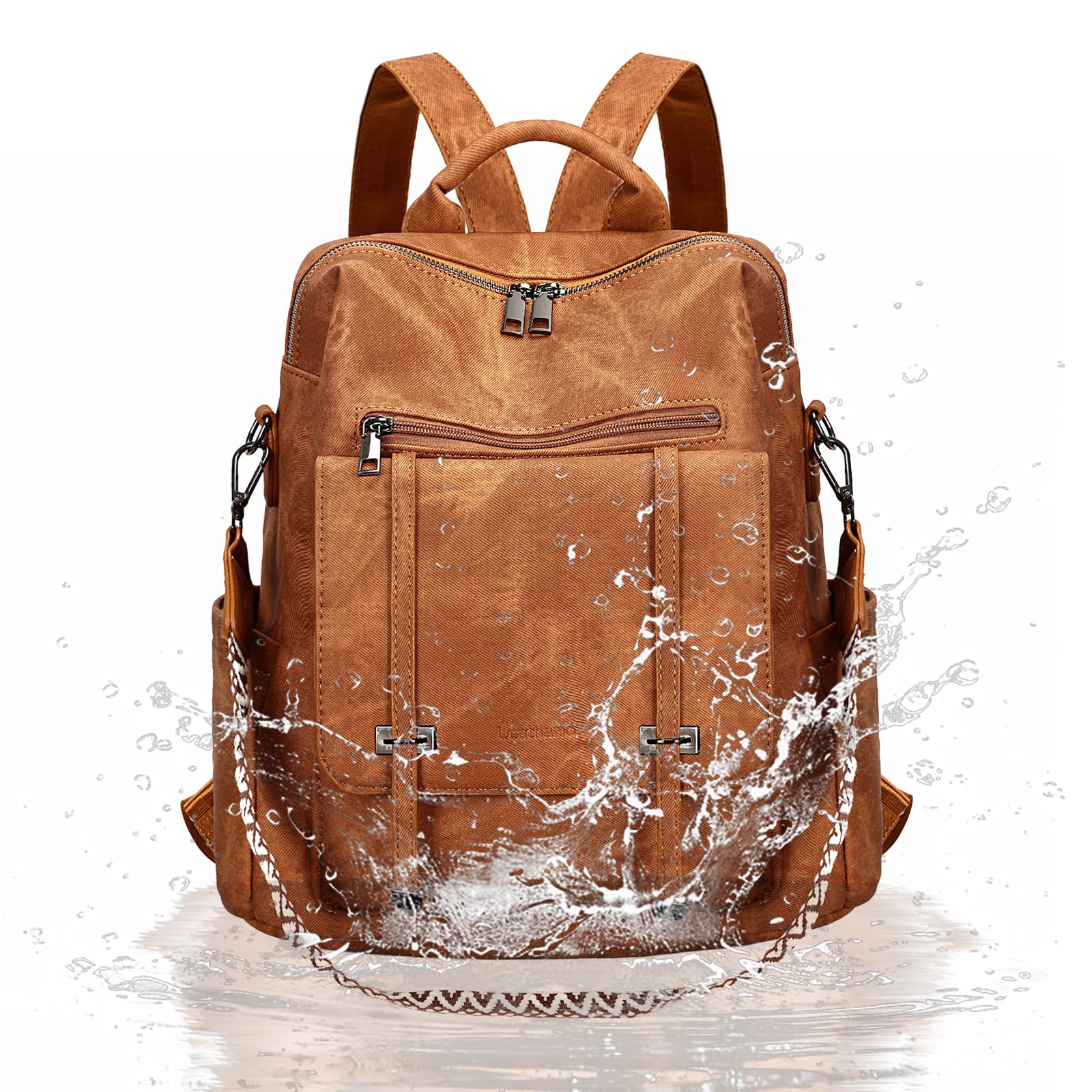 Leathario Rucksakck Damen Wasserdicht,Veganes Leder Cityrucksack,Rucksackhandtasche Mittelgroß, Diebstahlsich Tagesrucksack für Büro,Pendeln,Arbeit,Leicht Elegant Backpack Women Groß für Reise,Braun