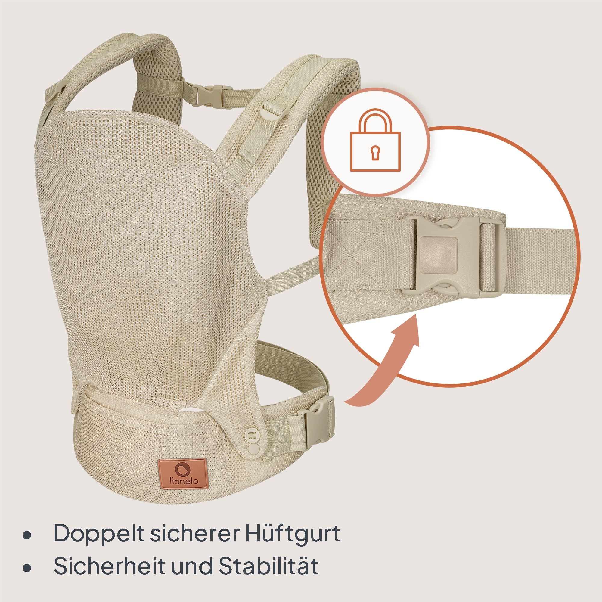 Lionelo Margareet Air Ergonomische Babytrage für Babys von 4 Monaten bis 20 kg, 3 Tragepositionen, atmungsaktives Material, abnehmbare Kapuze, doppelte Sicherheit