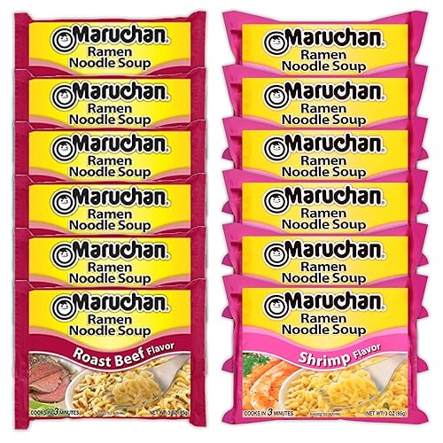 Maruchan Ramen - Sopa instantánea de fideos variedad, 2 sabores, 6 paquetes de carne asada y 6 paquetes de camarones, variedad de almuerzocena de 3