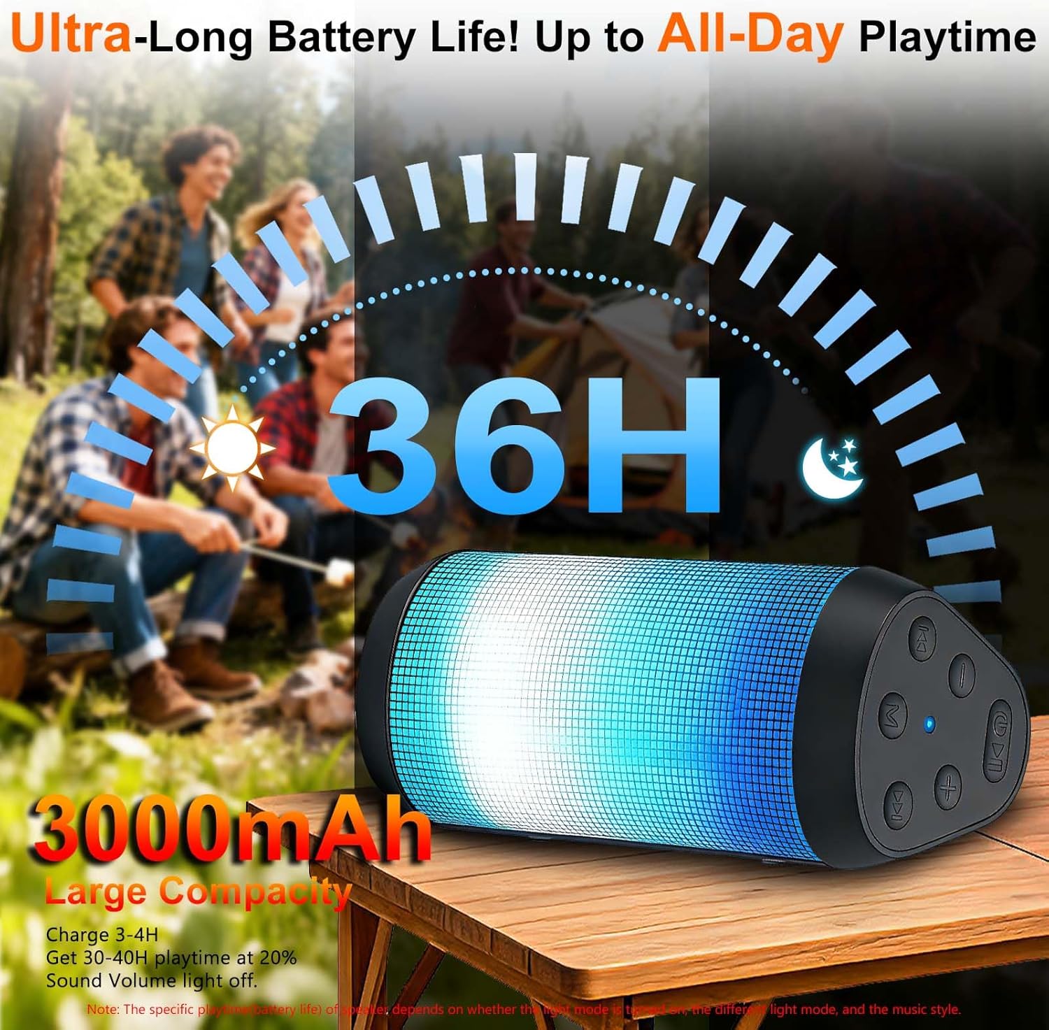 Portable Wireless Bluetooth Speaker with HD Powerful Stereo Sound, 8 Cool LED Light Modes, IPX4 Waterproof, 30H Playtime, TWS Pairing, BT5.3 with AUX-in, for Outdoor/Home/Party, Ideal Gift - Image 4