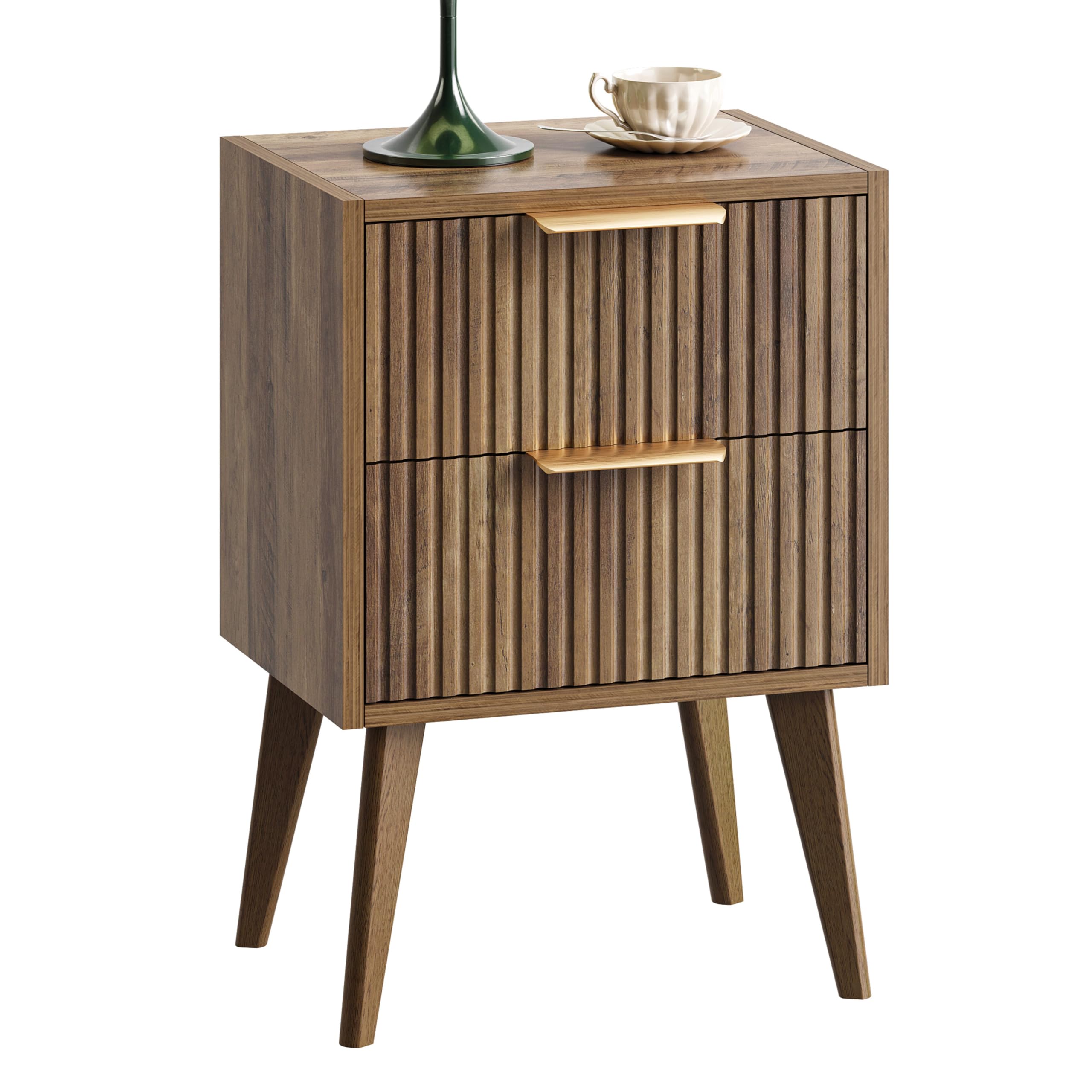 溝付きナイトスタンド 引き出し2個付き モダンなベッドサイドテーブル メタルハンドル付き ホワイトサイドテーブル 無垢材の脚付き ミッドセンチュリーエンドテーブル リビングルーム 寝室 キャラメルオーク CTG55BR