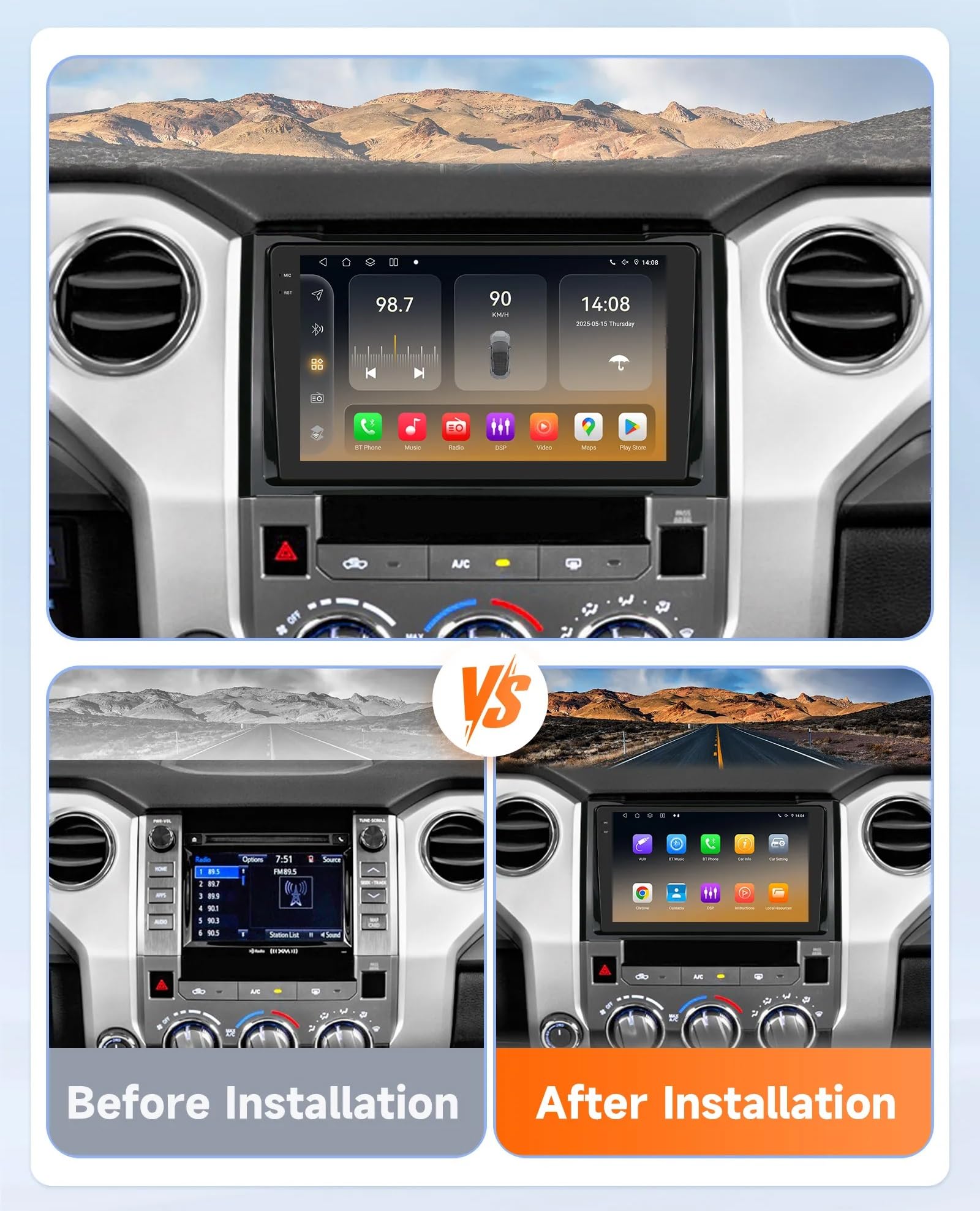 Generico Autoradio Android 15 2 DIN con Schermo Touchscreen da 9 Pollici per Toyota Tundra XK50 2014-2021 con Telecamera Posteriore/CarPlay/Bluetooth/FM/GPS/USB/comandi al Volante/Audio per Auto (EP2