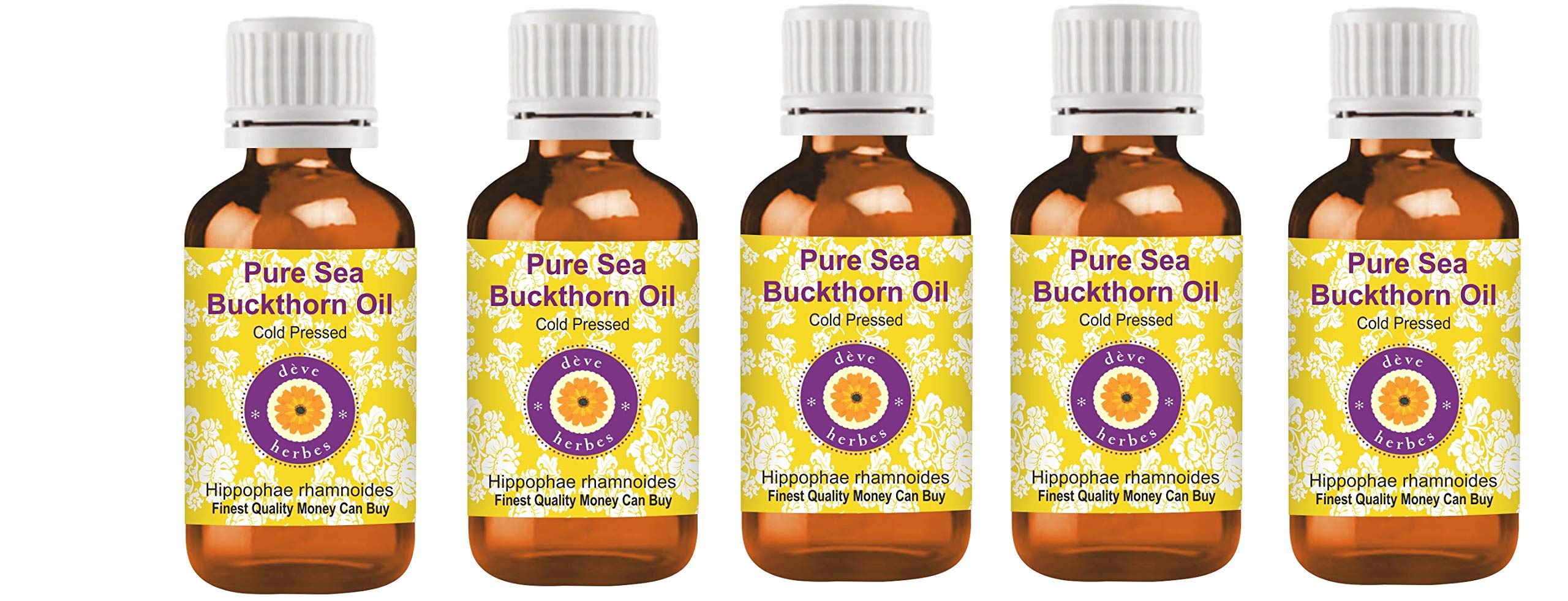 dève herbes Pure Sea Buckthorn Oil (Hippophae rhamnoides) Cold Pressed (Pack of Five) 100ml X 5 (16.9 oz)