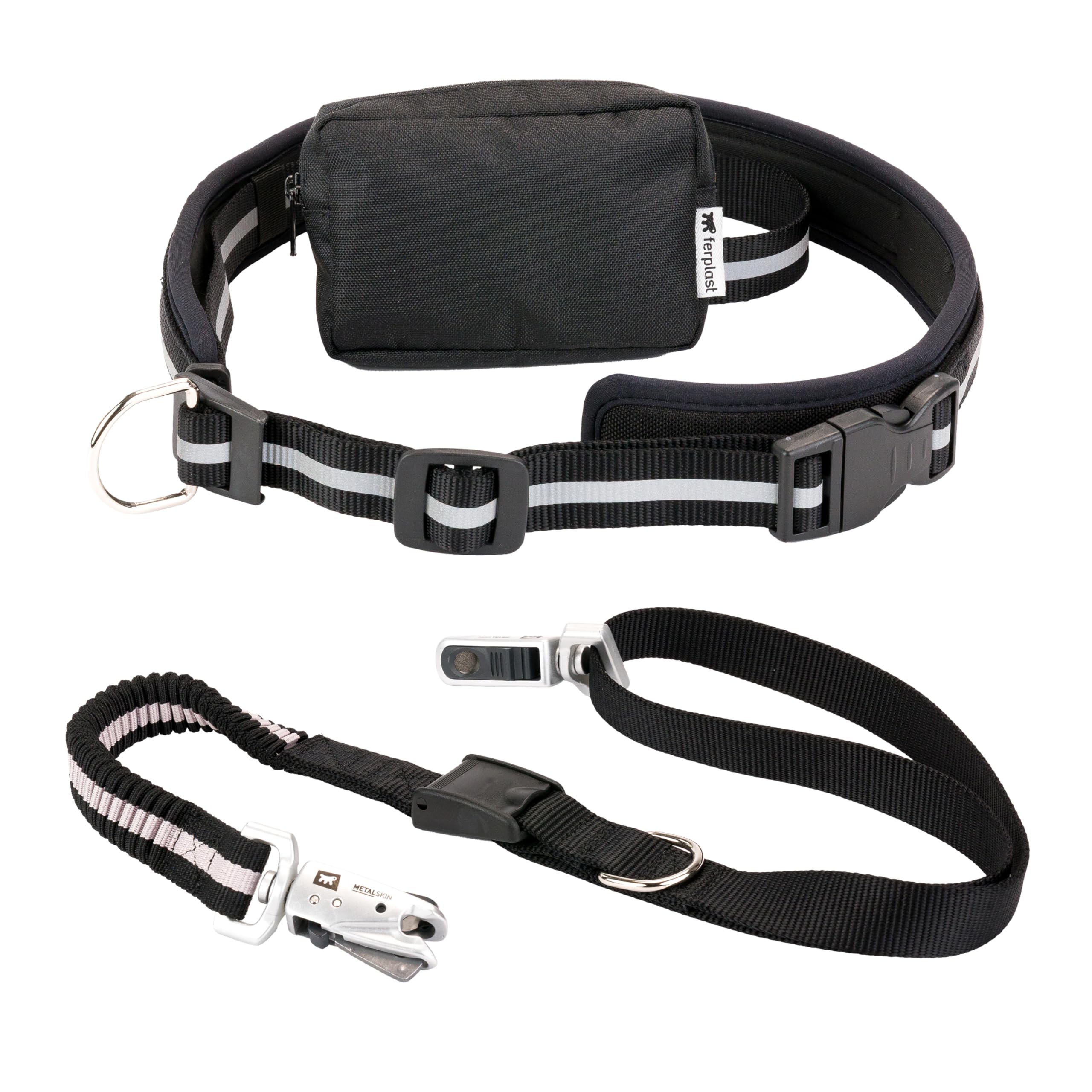Ferplast Correa para Perro Freetime Running, Completa con cinturón y Bolsa de Almacenamiento, Extremo elástico, Ø 70÷130 cm, Gris
