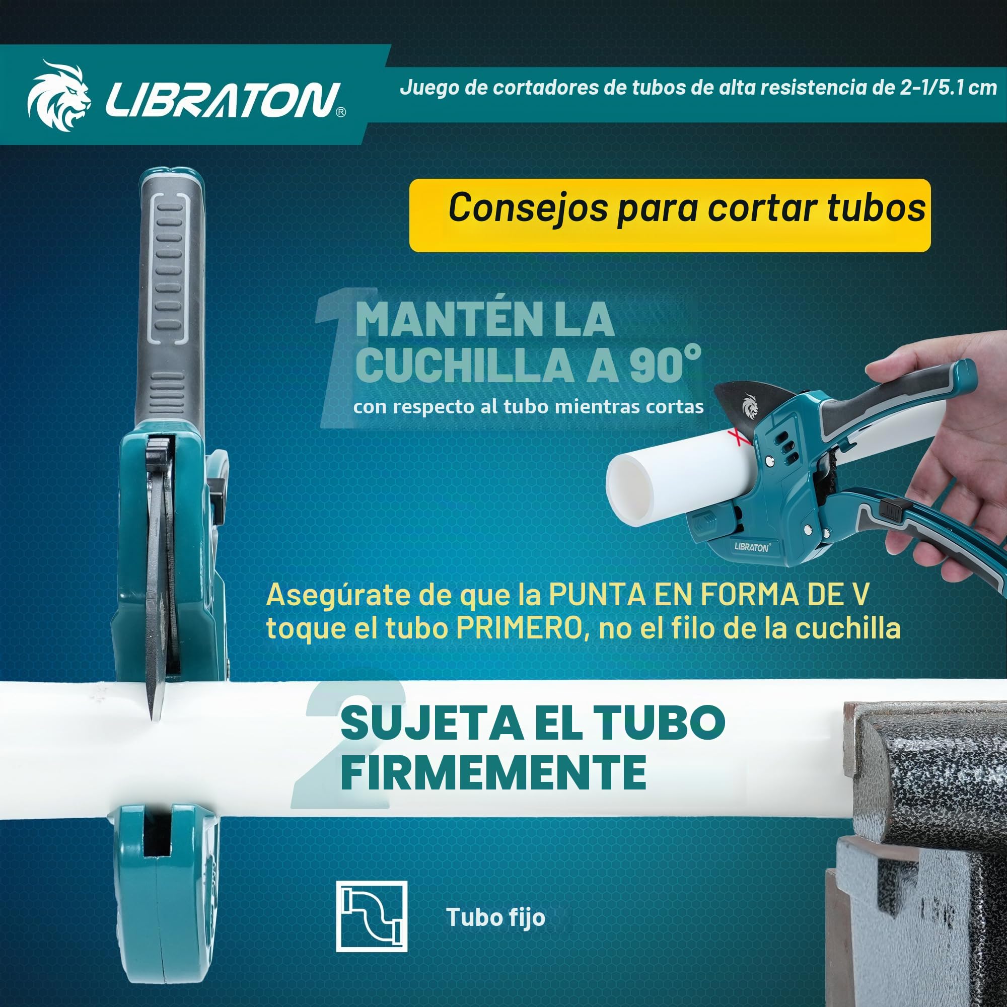 Libraton Cortatubos PVC, Cortatubos Plástico 63mm, Cortatubos con Trinquete, Cuchilla Intercambiable y Herramienta Desbarbadora, para Tubos PEX, PVC, PPR, Mangueras y Tuberías Sanitarias