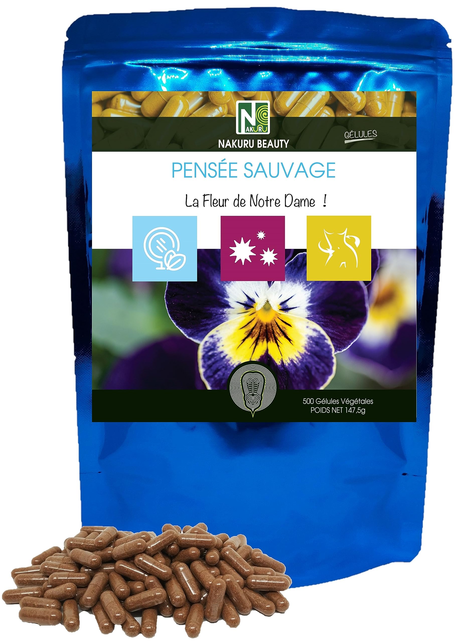 NAKURU | Pensée Sauvage | Gamme Beauty | Fabriqué en France | "La Fleur de Notre Dame!" (500 Gélules Végétales de 295mg / Poids Net: 147,5g)