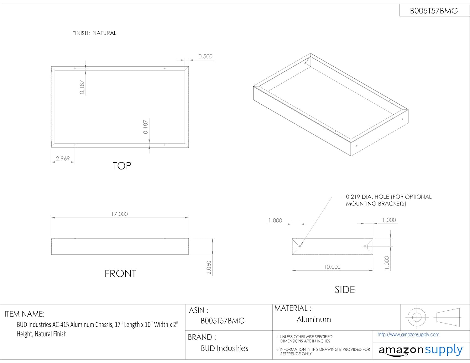 BUD Industries AC-415 Aluminum Chassis 17" L x 10" W x 2" H, Natural