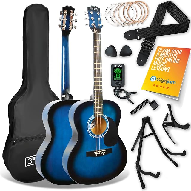 3rd Avenue Full Size 4/4 Acoustic Guitar Pack for Beginners - 6 Months FREE Lessons, Gig Bag, Picks, Spare Strings, Stand, Strap, Tuner, Capo - Blue