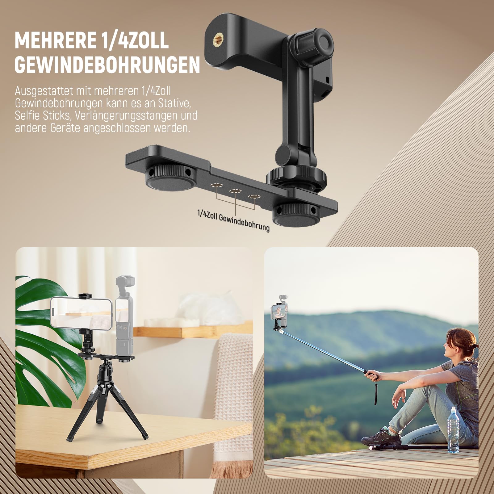 NEEWER Smartphone Halterung kompatibel mit DJI Osmo Pocket 4 & Pocket 3, Professionelle Handyhalterung mit 1/4" Gewinde & Kaltblitzschuh für Stativ, Verlängerungsstange, Videolicht, Mikrofon, AC021