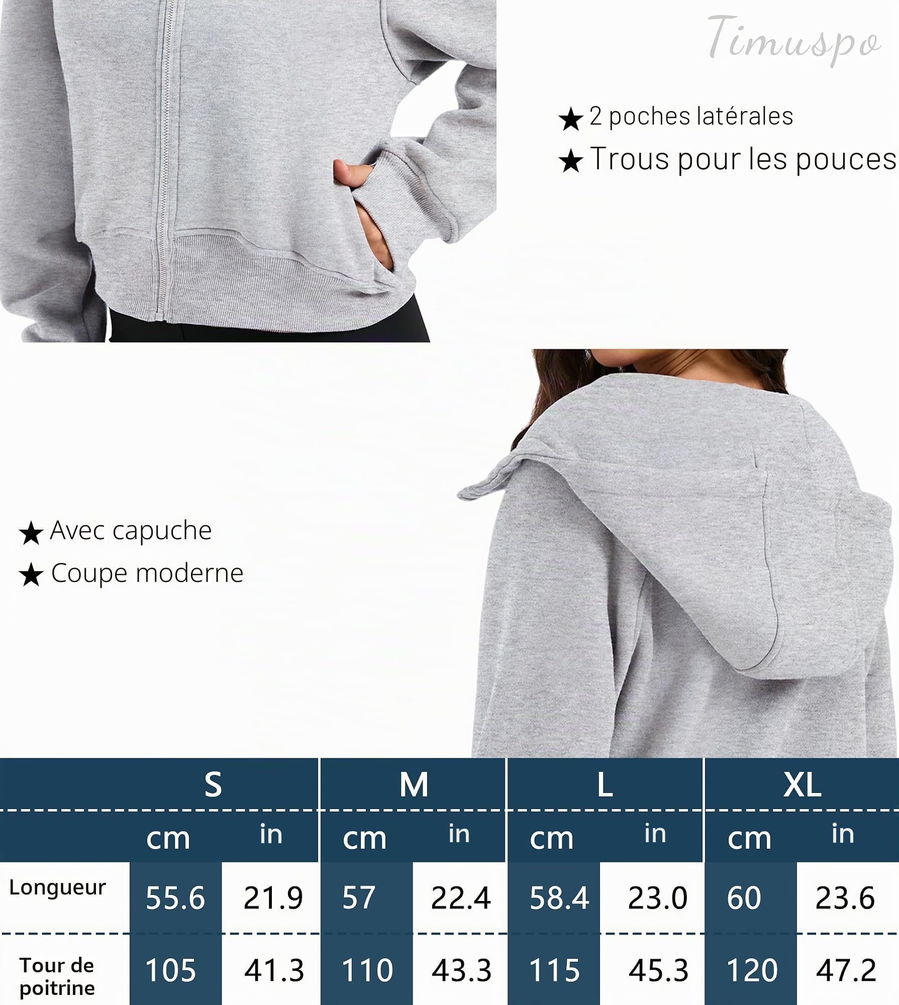 Timuspo Sweat à capuche court pour femme - Avec fermeture éclair - Doublure en polaire - Fermeture éclair - Automne et hiver