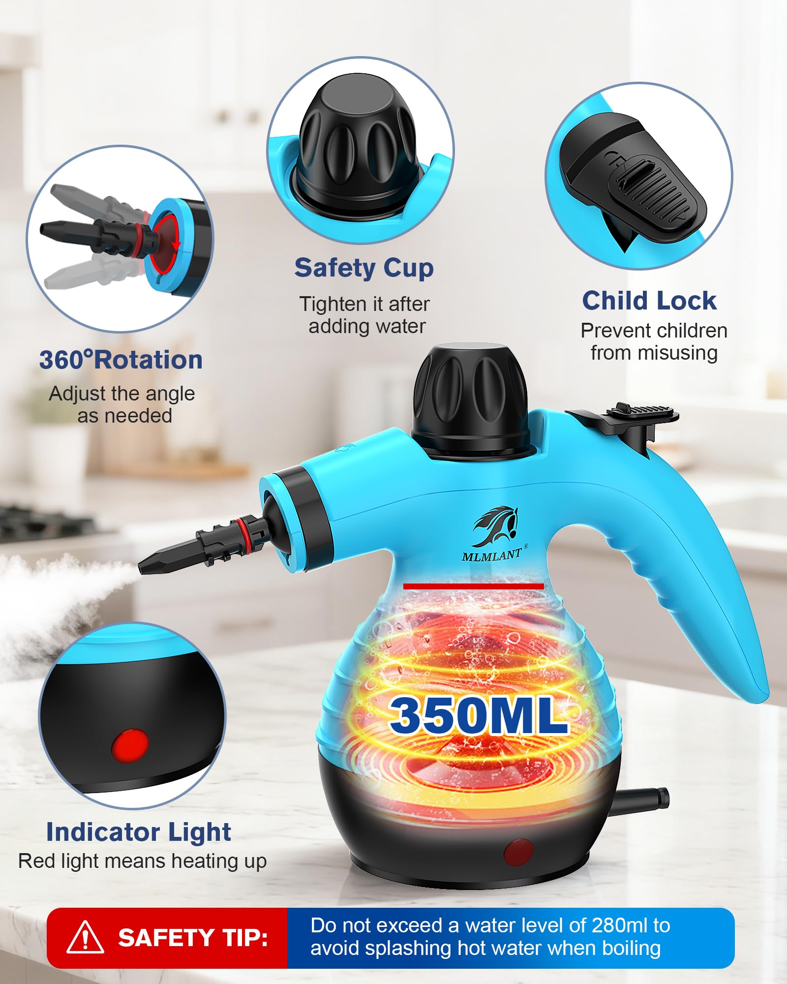 MLMLANT Nettoyeur vapeur avec 10 accessoires et verrouillage de sécurité. Convient pour nettoyer les sièges de voiture, la graisse de cuisine, les canapés et plus encore (bleu ciel)