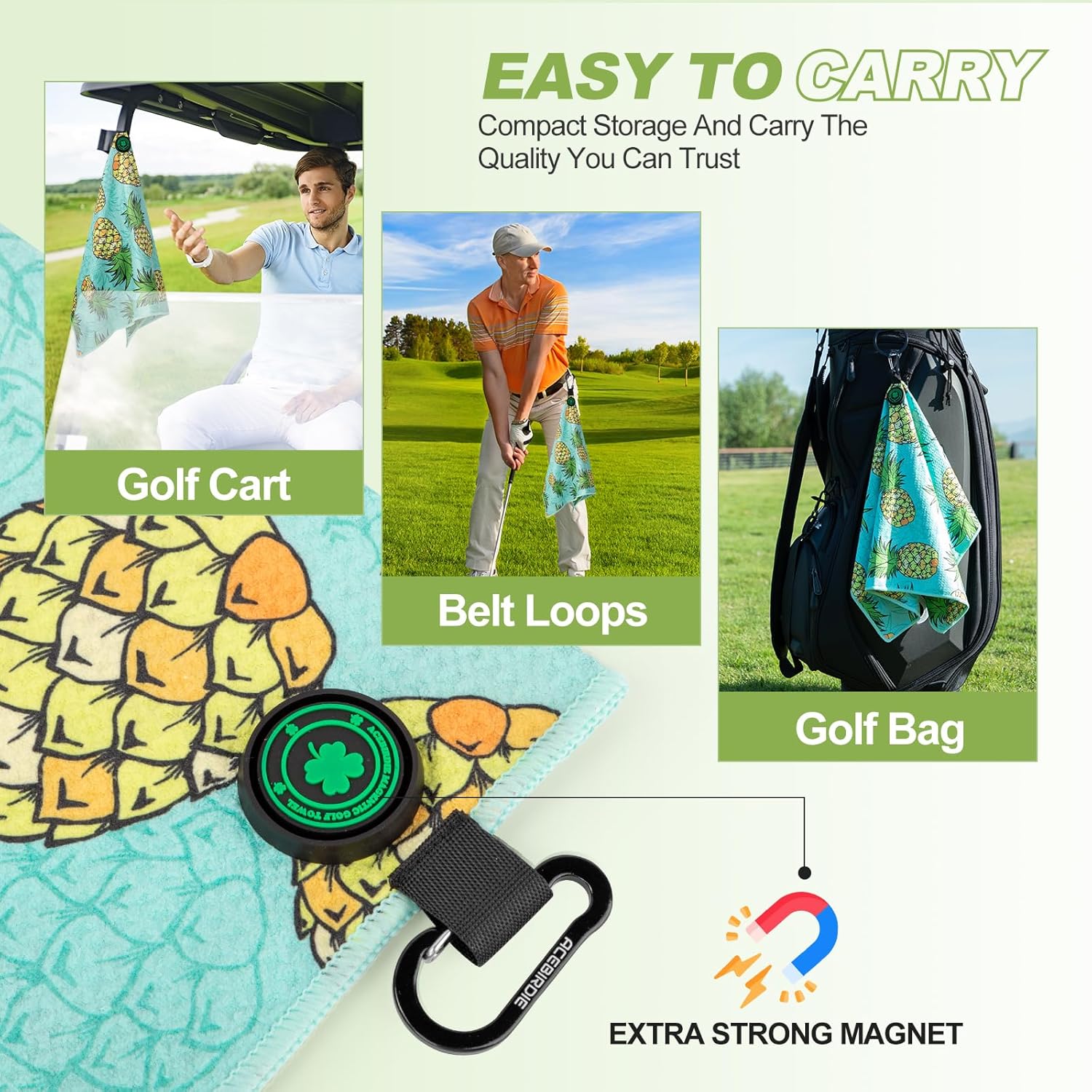 Magnetic Golf Towel for Golf Bags Microfiber Fabric Waffle Pattern Towels for Men or Women, Magnet Golf Towel with Heavy Duty Carabiner Clip Golf Accessories (Pineapple) - Image 6