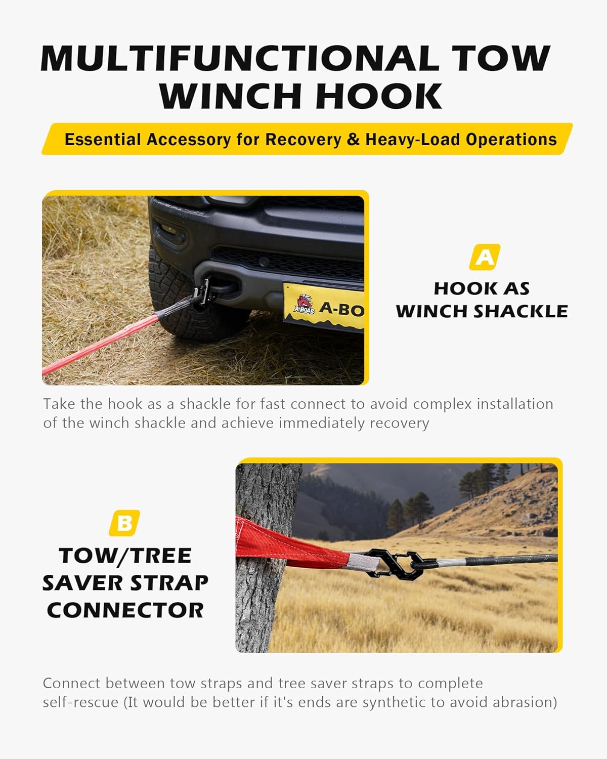 3/8" Tow Hook, S-Shaped Winch Hook, 33,000lbs Breaking Strength, G80 Heavy Duty Forged Steel, Fast Connect Winch Shackle Towing Hook for Trucks, SUVs, ATVs, Trailers, Black