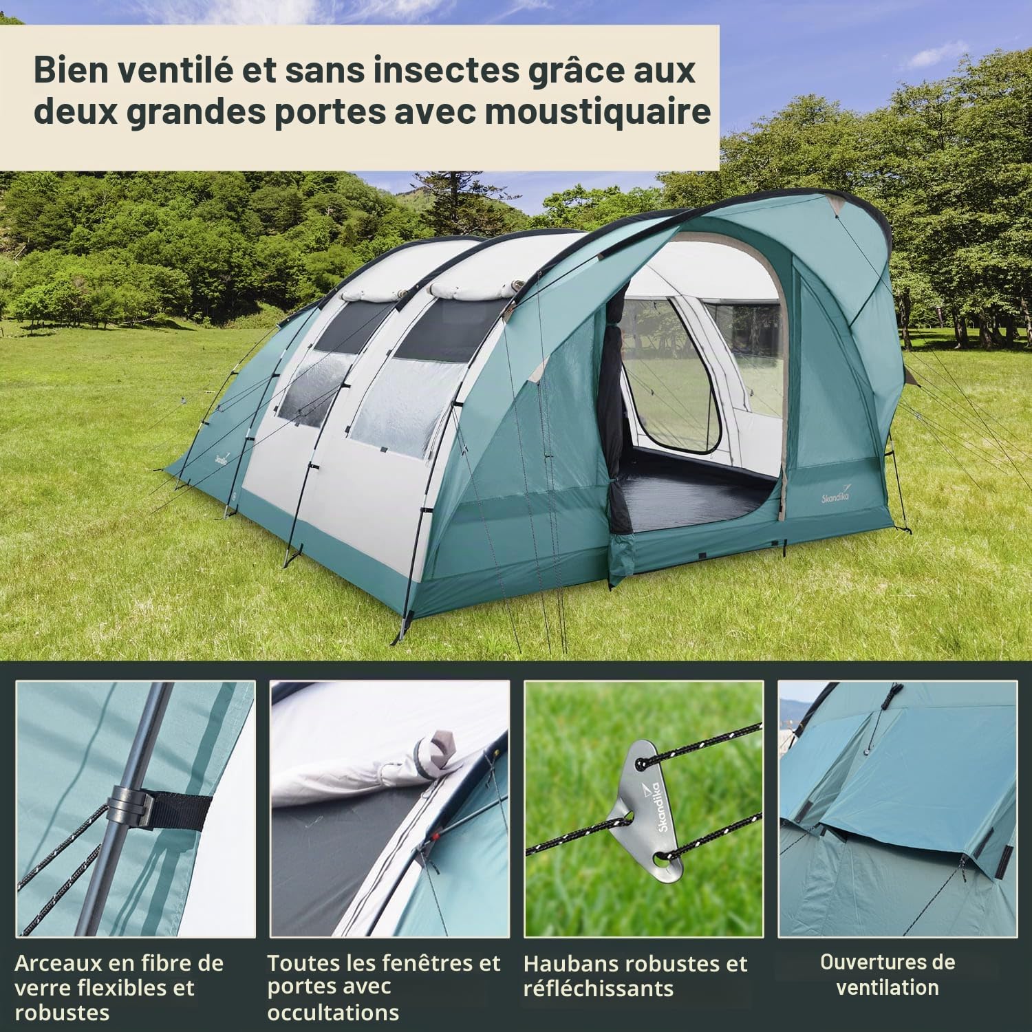 Skandika Tente Tunnel Egersund 5 XL Sleeper Protect | Tente de Camping familiale pour 5 Personnes, Sol de Cousu, Cabine de Couchage Noire, Hauteur 2 m, étanche, Anti-UV