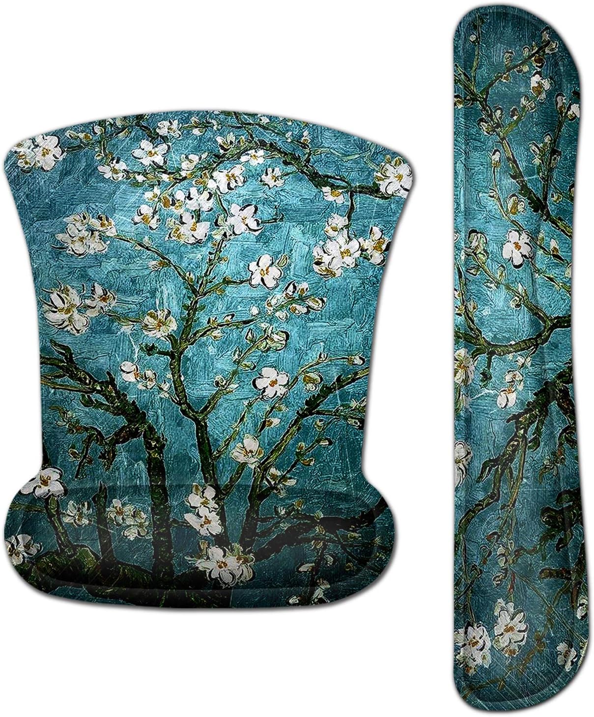 Mouse Pad Wrist Support & Gaming Keyboard Wrist Pad Combo Set – Durable Ergonomic Anti Slip Non-Slip Square Base Rest Support - Almond Blossoming