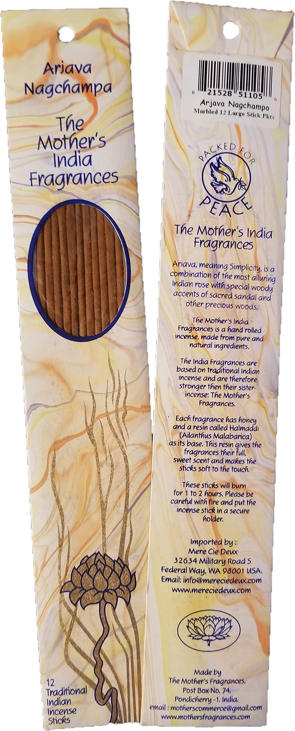 Mother's India Fragrances Incense - Arjava Nagchampa 12 Stick Packet 10"