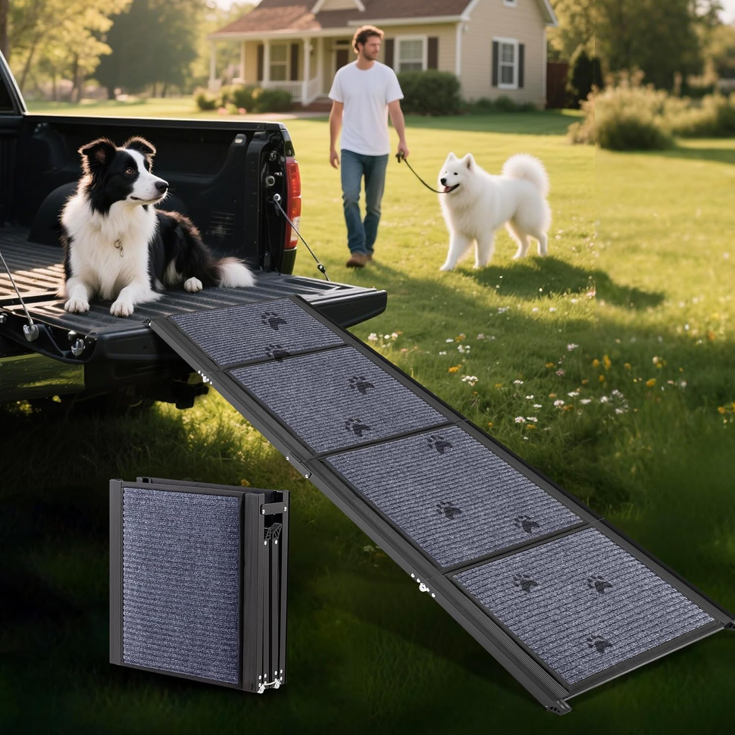 COSIEST Dog Ramp for Car, 63″ L x 17.3″ W Folding Pet Ramp for Large Dogs Up to 250LBS, Portable Dog Steps with Non-Slip Surface for SUV, Bed, Couch