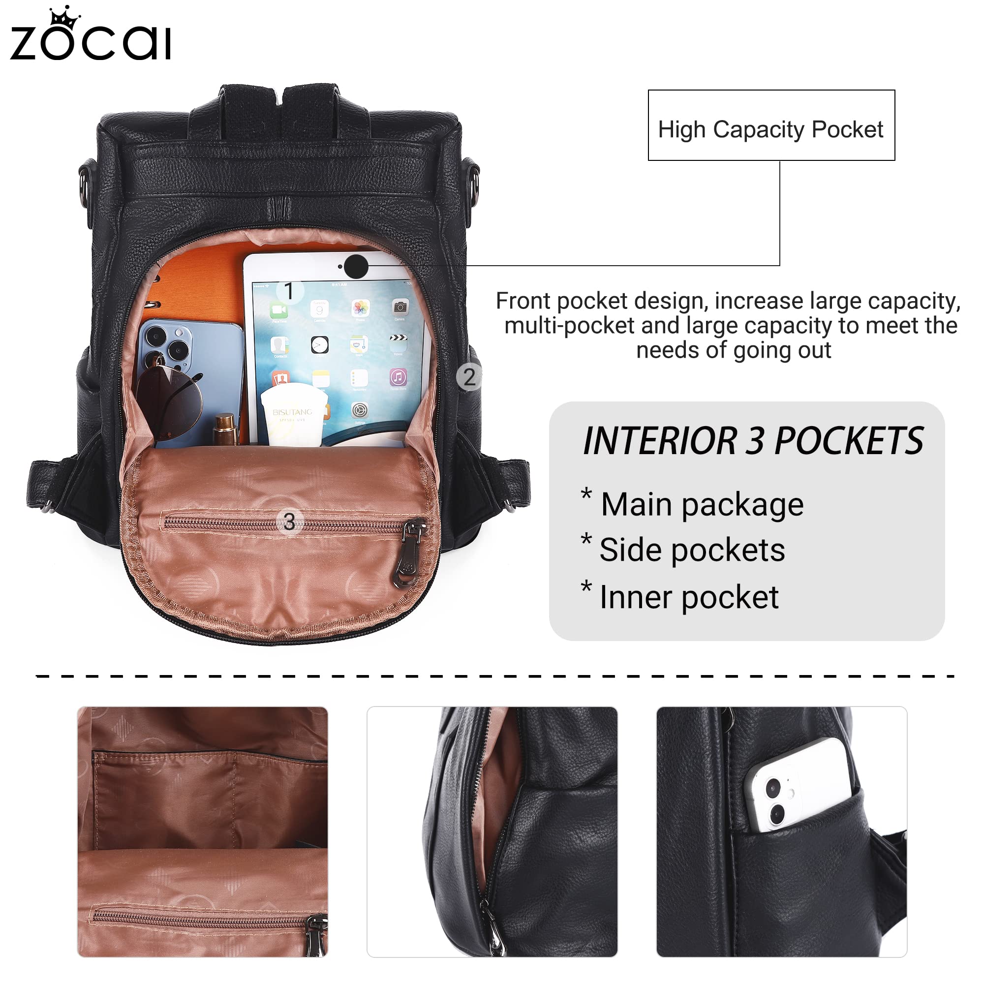 ZOCAI Mochila monedero para mujer de moda, carteras, de piel sintética, mochila diaria, antirrobo, bolso de hombro, monedero, Negro , M