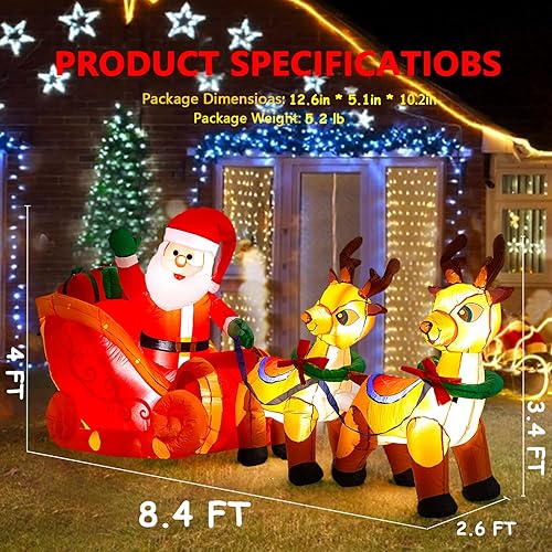 Vista 3 de Papá Noel inflable de Navidad de 8 pies de largo en trineo con 2 renos, decoración de patio inflable con luces LED para interiores y exteriores