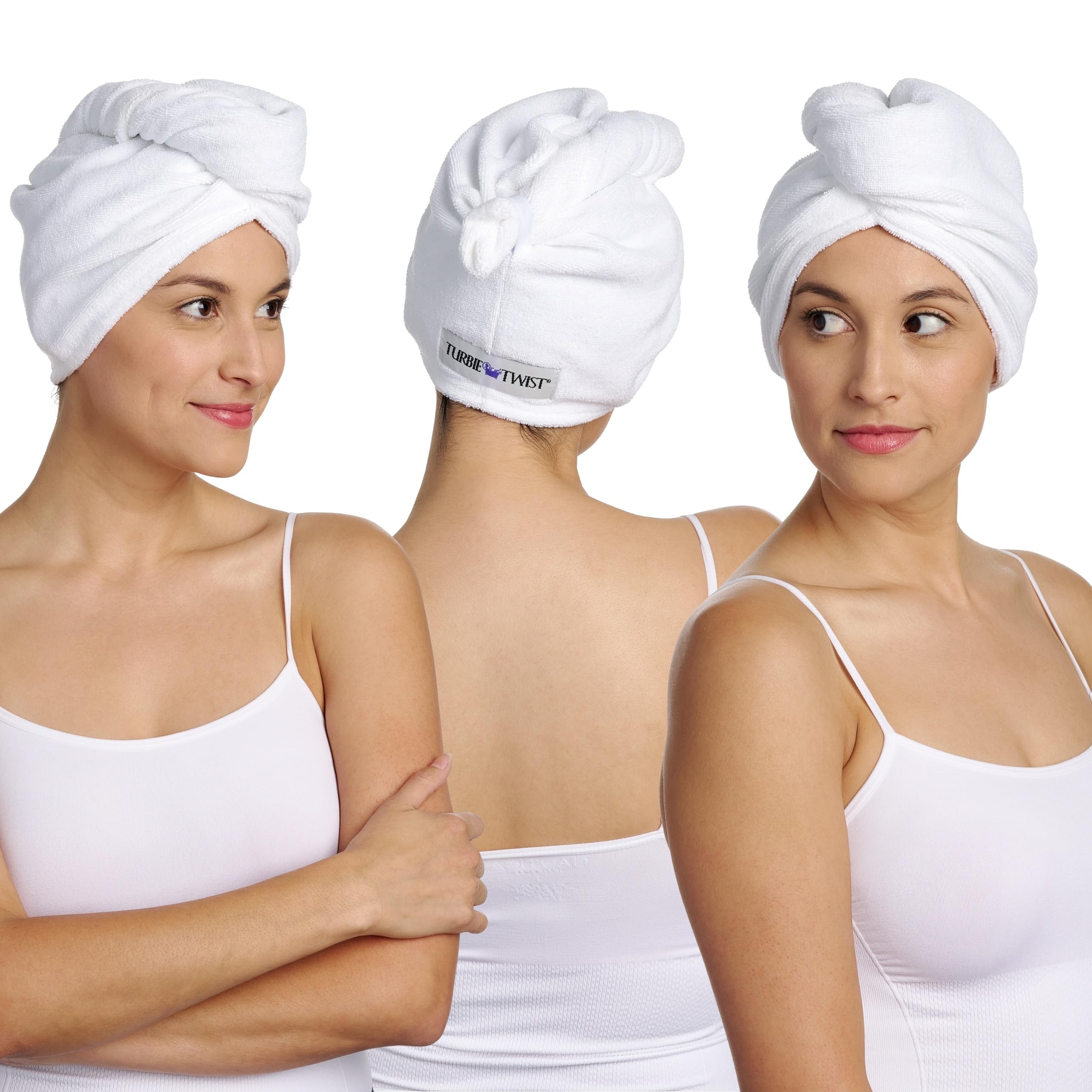 Turbie Twist 3-Pack Cotton Hair Towel Wrap for Beauty, Travel, Gifting - Fast-Drying Hair Turban for Luxurious Hair Care - For All Hair Types & Lengths - White