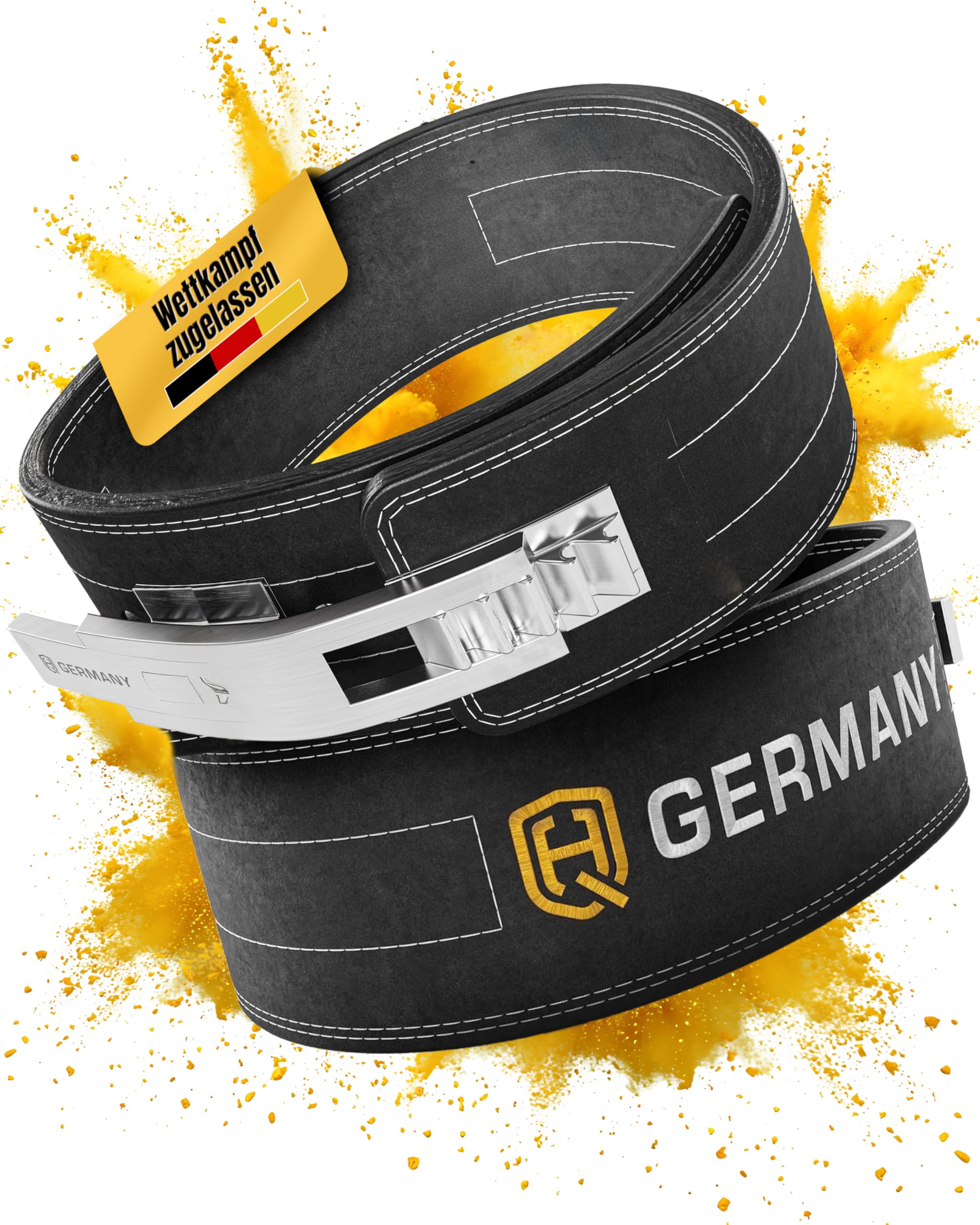 HQ Germany® Gewichthebergürtel S-XL [Echtleder] - Weightlifting Belt | 100% Rindsleder, doppelläufige Naht, veredelte Kanten, Edelstahl-Schnalle, verklebte Lederschichten, knarzfrei
