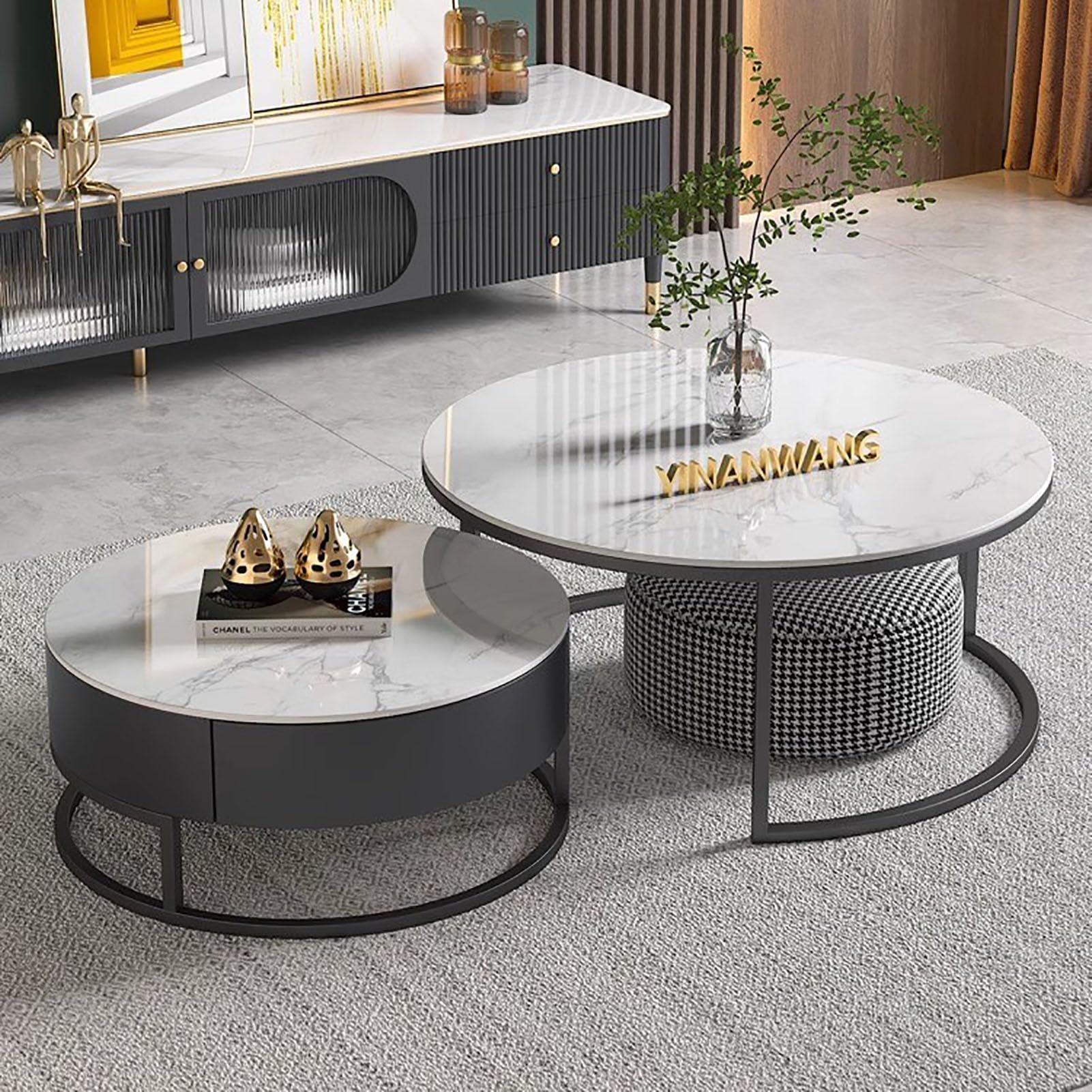 SXZenSpace Round Coffee Table Nesting Tables Set of 2,28" 20" Faux Marble Center for Living Room Modern with Storage Metal Frame,B,70cm(28")+50cm(20")