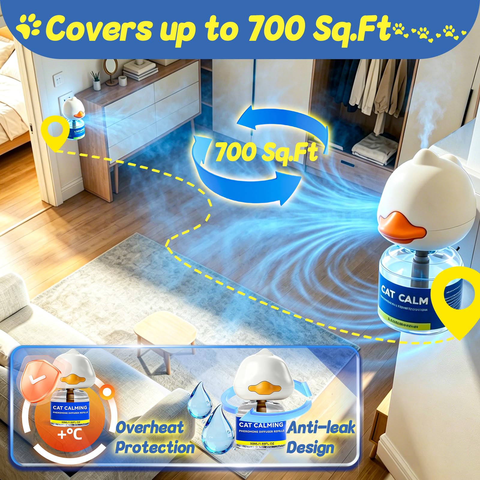 MINIBIRD Diffuseur de phéromones apaisantes pour chat – Soulagement de 30 jours (2 branchements et 4 recharges) pour tension multi-féline, réduit la dissimulation et la pulvérisation pendant le