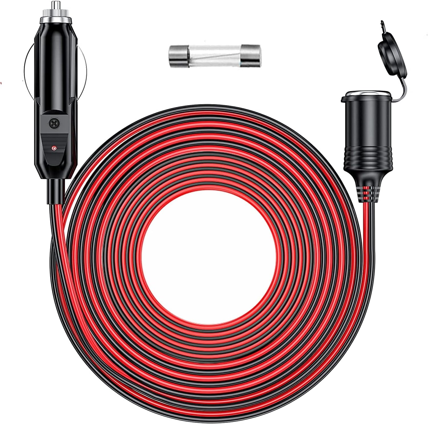 12V/24V Heavy Duty Cigarette Lighter Extension Cord 26.1FT with LED Light for Car Vehicle Tire Pump Air Compressor Refrigerator Coffee Maker etc. (1*Spare Fuse)