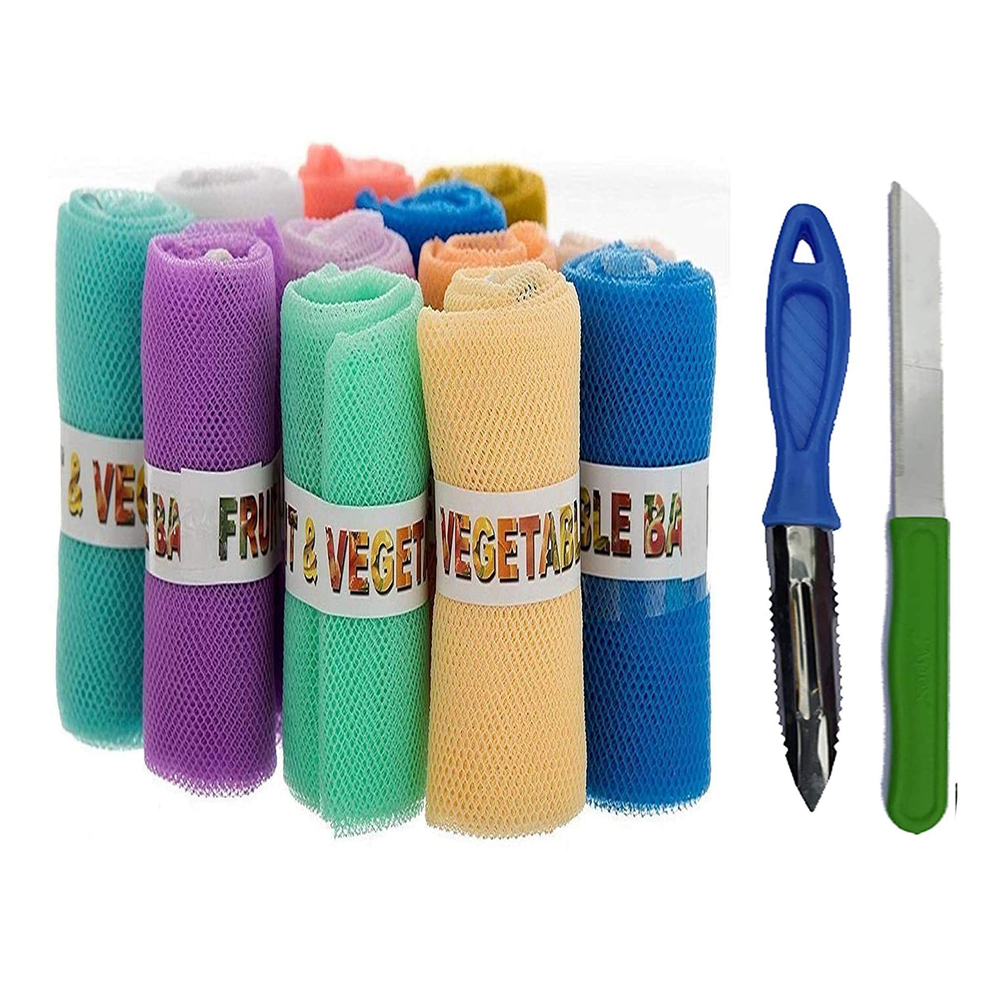 UR LITTLE SHOPFridge Vegetable Storage Net Bag_Fruits Storage Bag_Net Fridge_ Reusable Net Bag Pack Of 12 Multi Color With Knife_Peeler ULS4