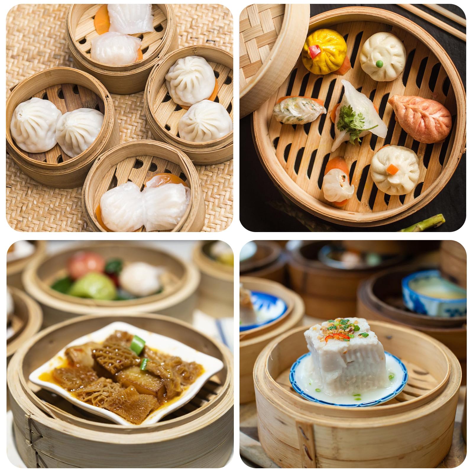 Cuocere a vapore in bambù, 21 cm, a 2 ripiani, in bambù intrecciato, versatile cestino a vapore asiatico, con 4 panni in cotone per riso, verdure, Dim Sum, Dumpling