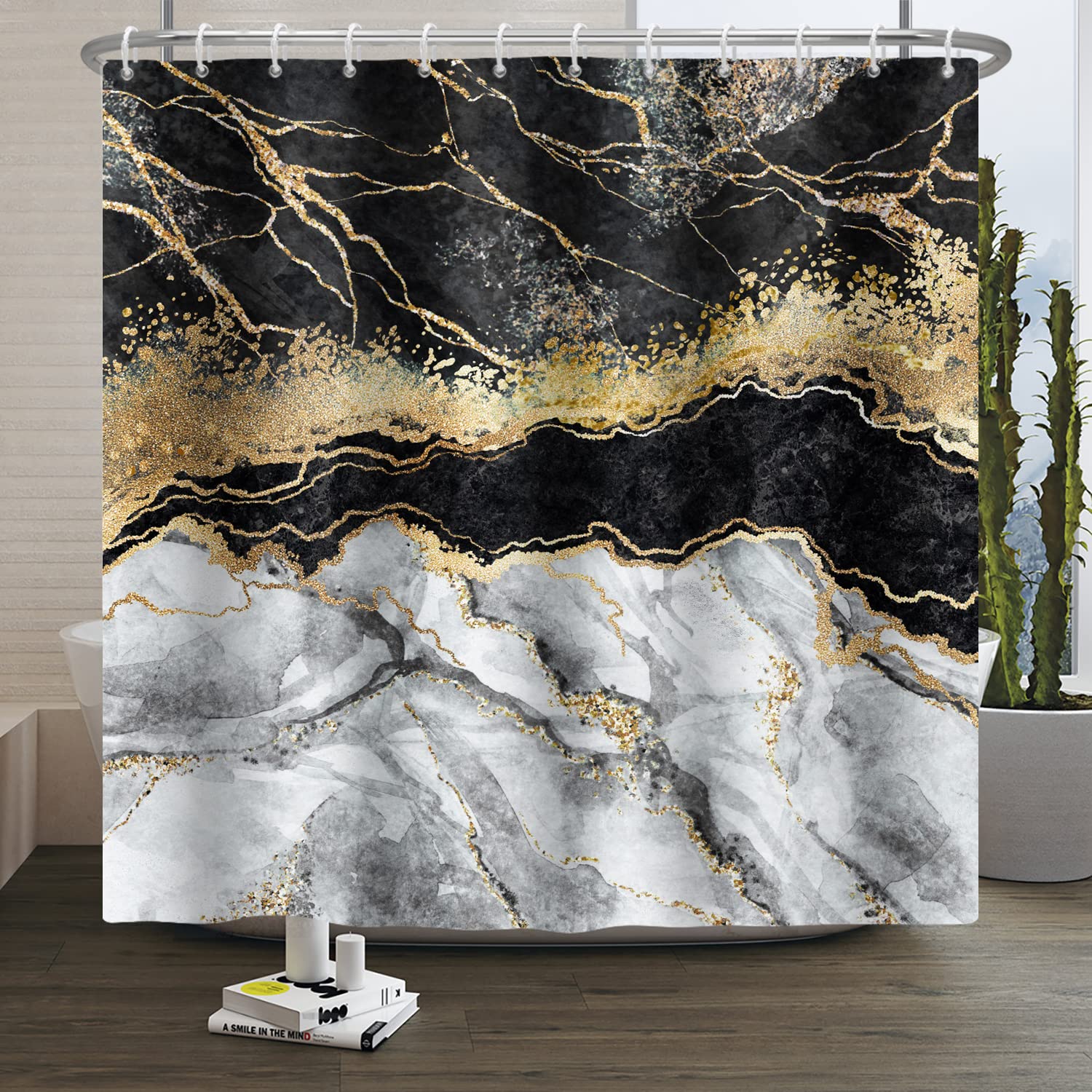SDOTPMT 48x72 Inches Marble Texture Shower Curtain Gold Powder Sparkling Irregular Gradient Black-White Color Bath Curtain Marvelous Abstract Luxury Polyester Bathroom Curtain with Hooks