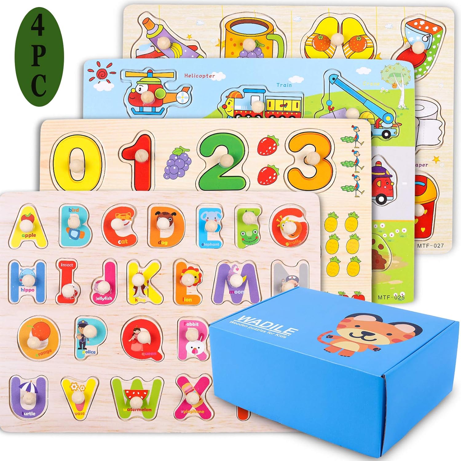 WADILE Wooden Toddler Puzzles for Kids Ages 1-5 Years Old, Wood Peg Puzzles Alphabet/Number/Animal, Knob Puzzles Learning Toys Educational Gift  for Girls and Boys: Toys & Games