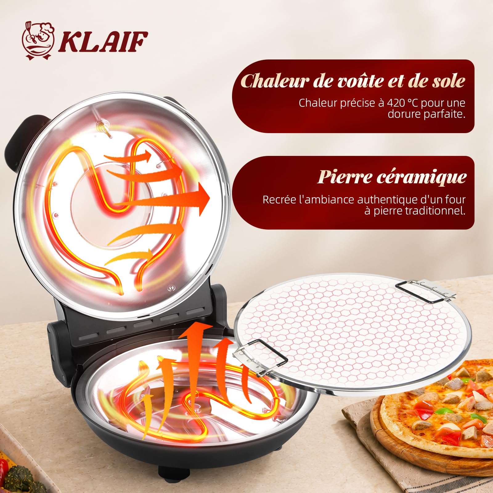 KLAIF Four à pizza électrique de comptoir avec pierre céramique de 31 cm, deux commandes de température réglables, dont 4 ustensiles à pizza, LMC-Noir
