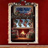 Vista 4 de Cartel navideño de ventana de 31.5 x 47 pulgadas con medias de Navidad, regalos, bastones de caramelo y chimenea, decoración al aire libre
