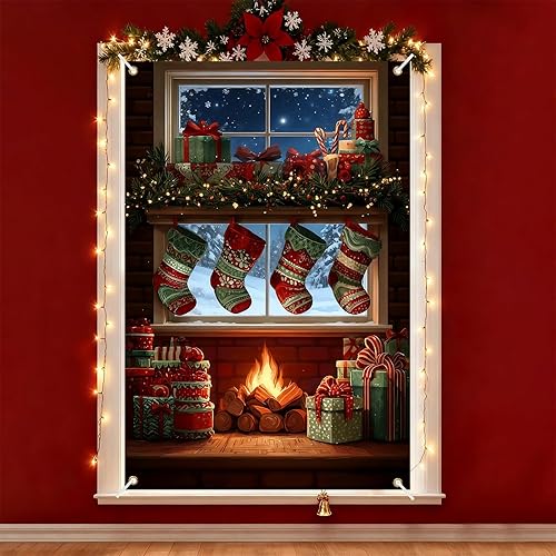 Miniatura 4 de Cartel navideño de ventana de 31.5 x 47 pulgadas con medias de Navidad, regalos, bastones de caramelo y chimenea, decoración al aire libre con