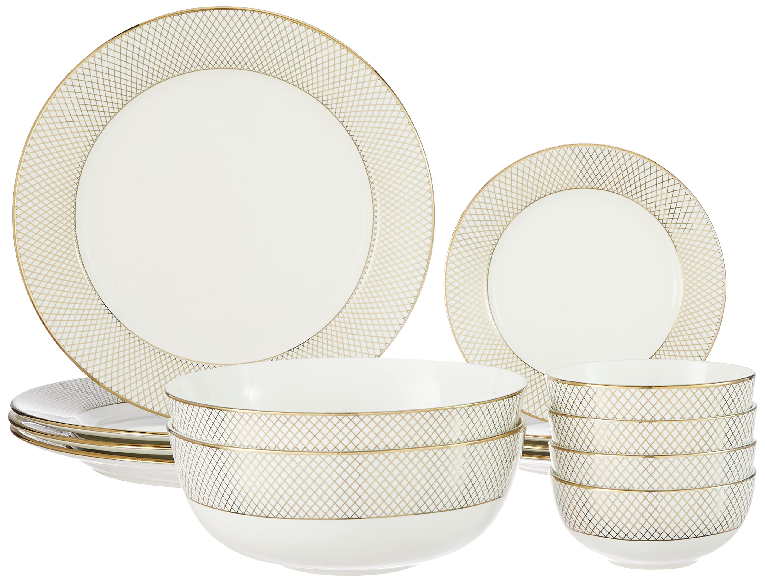Amazon Brand - Solimo Ceramic 14 Piece Premium Dinner Set | 4 Dinner Plates, 4 Quarter Plates, 2 Large Bowls & 4 Small Bowls | Checkered White