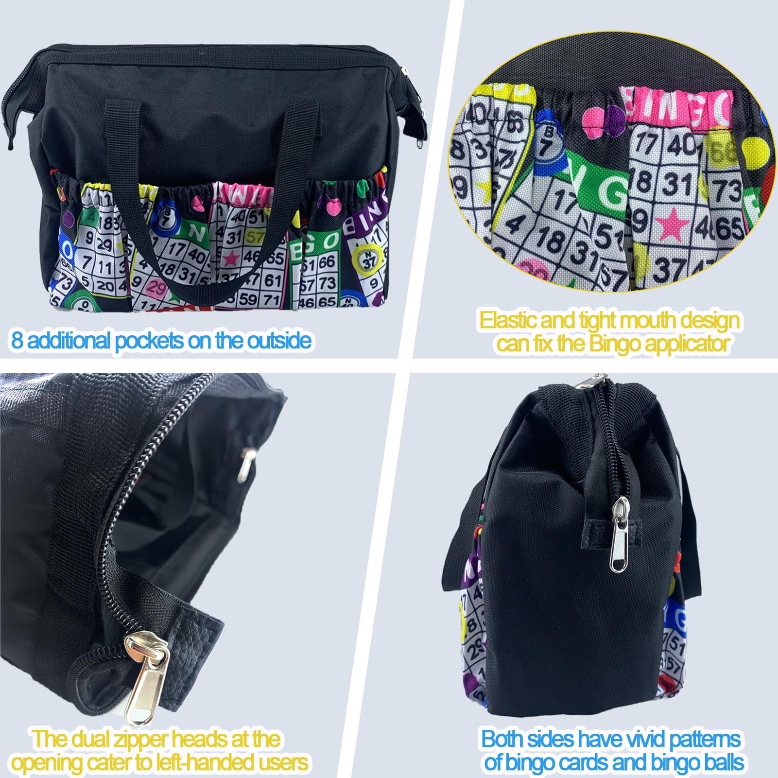 Grande borsa per bingo Daubers con 8 tasche, organizer per accessori da bingo per mancini, custodia da viaggio con apertura rinforzata, regalo a tema per giocatori di bingo, viola, motivo carte da