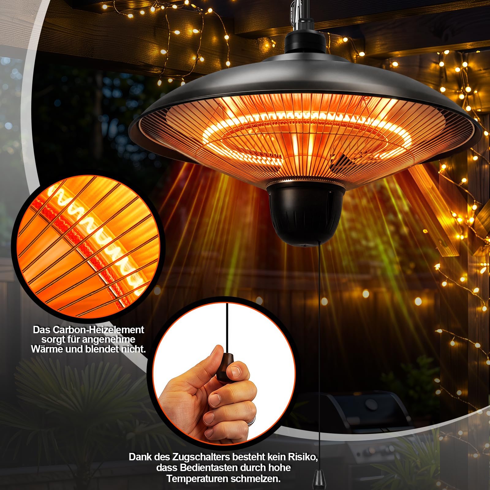 Grzejnik zewnętrzny 1800 W, 3 stopnie ogrzewania, IP55, węglowa rura grzewcza | Grzejnik tarasowy z wyłącznikiem pociągowym, na balkon, do pawilonu i szklarni, promiennik podczerwieni do montażu na suficie