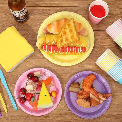 Miniatura 5 de Suclain El juego de vajilla desechable de 350 piezas de arcoíris incluye 100 platos de 7 pulgadas, 9 pulgadas, 50 vasos de papel, 50 tenedores de