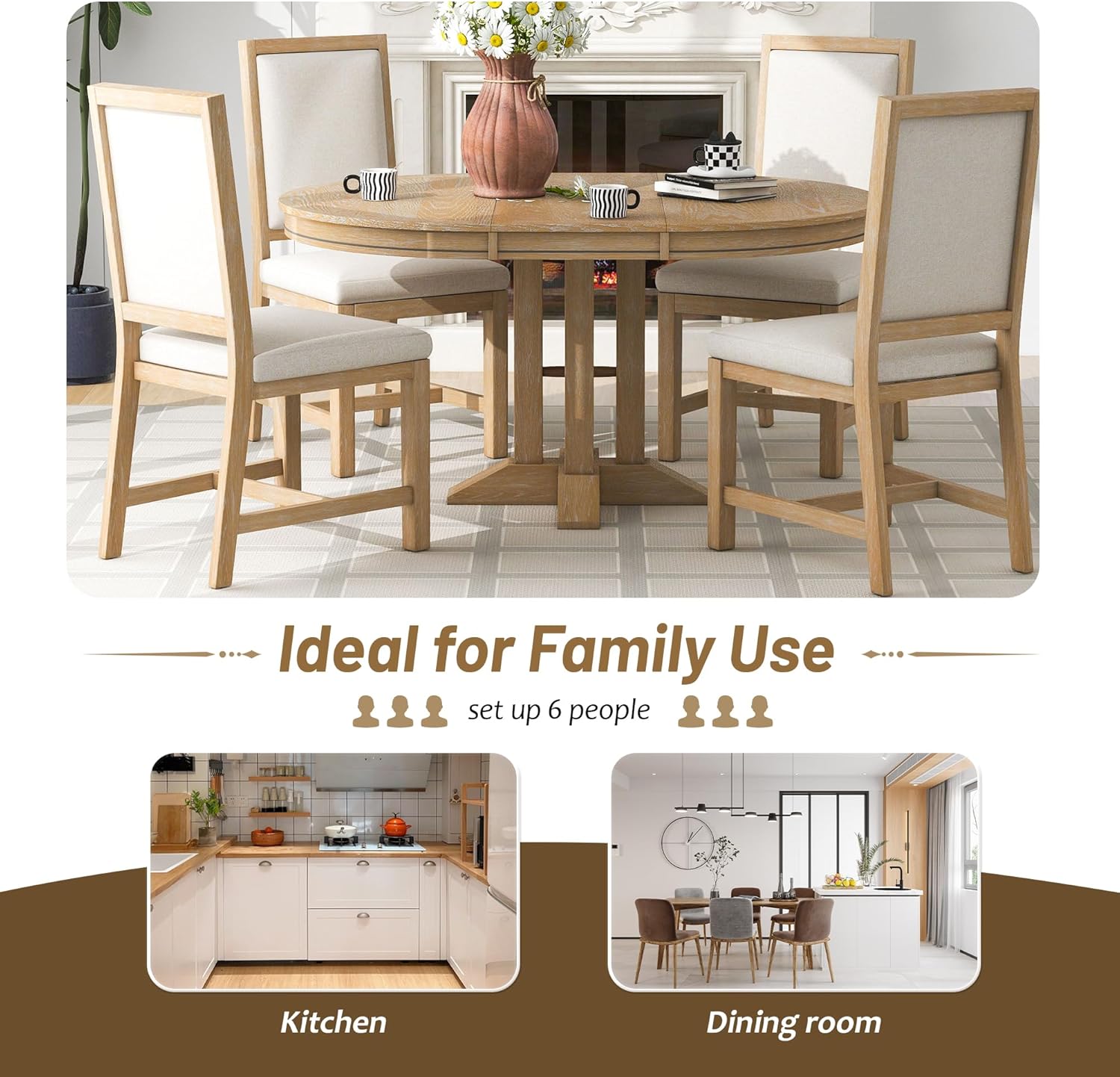 Merax 5-Piece Extendable Round Dining Table Set with 4 Upholstered Chairs, Farmhouse Wood Kitchen Dining Table with X-Shape Base for Dining Room, Kitchen Furniture Set for Family (Natural Wood Wash)