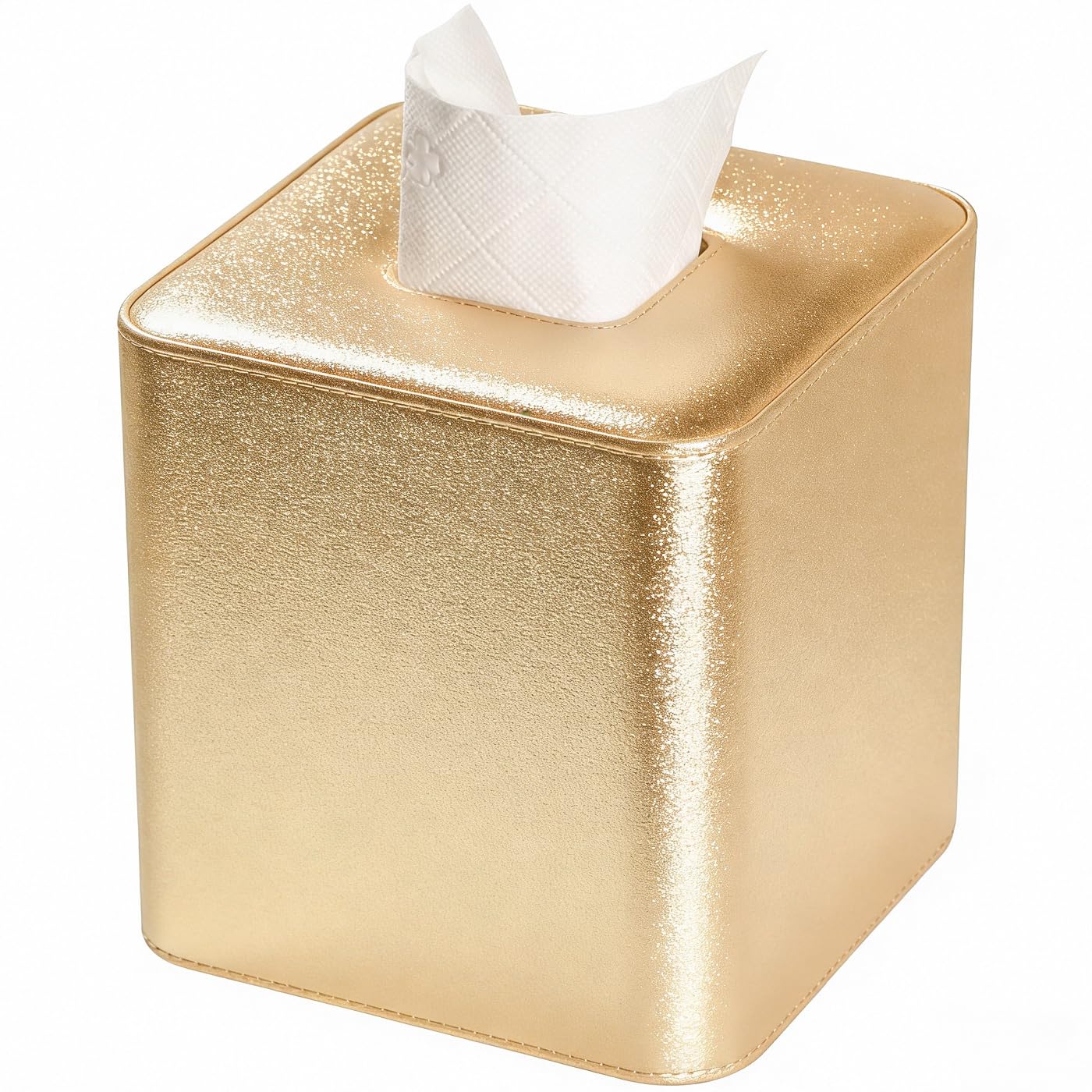 GORESE Tissue Box Cover, PU Leather Square Tissue Box Holder Cube Facial Tissue Dispenser Napkin Holder,Gift for Home, Office, Bathroom, Car Decoration(Gold)