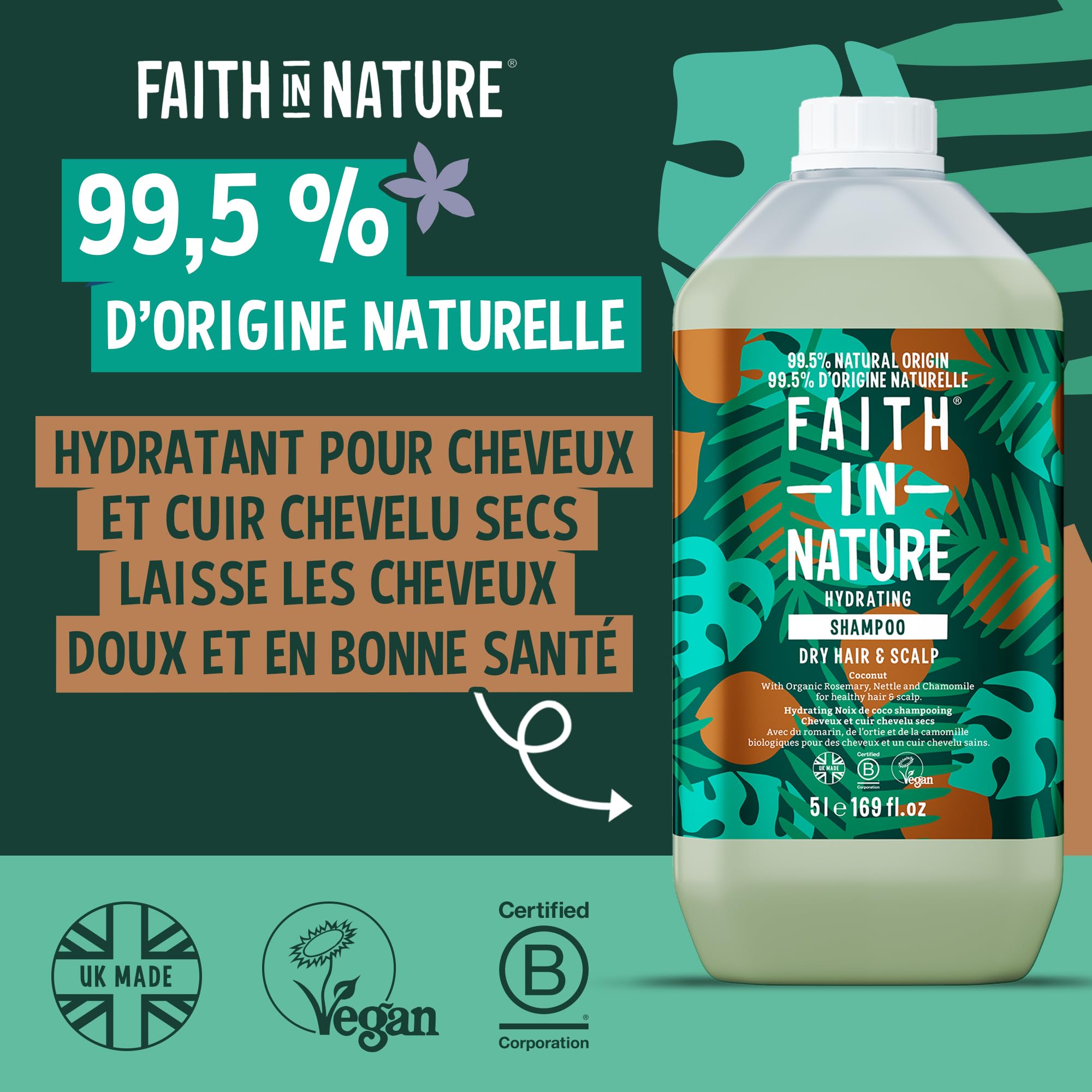 Faith In Nature Shampooing Bio à la Noix de Coco, Hydratant pour Cheveux et Cuir Chevelu Secs, Végan et Non Testé sur les Animaux, Sans SLS, Silicones ni Parabènes, Recharge 5 L