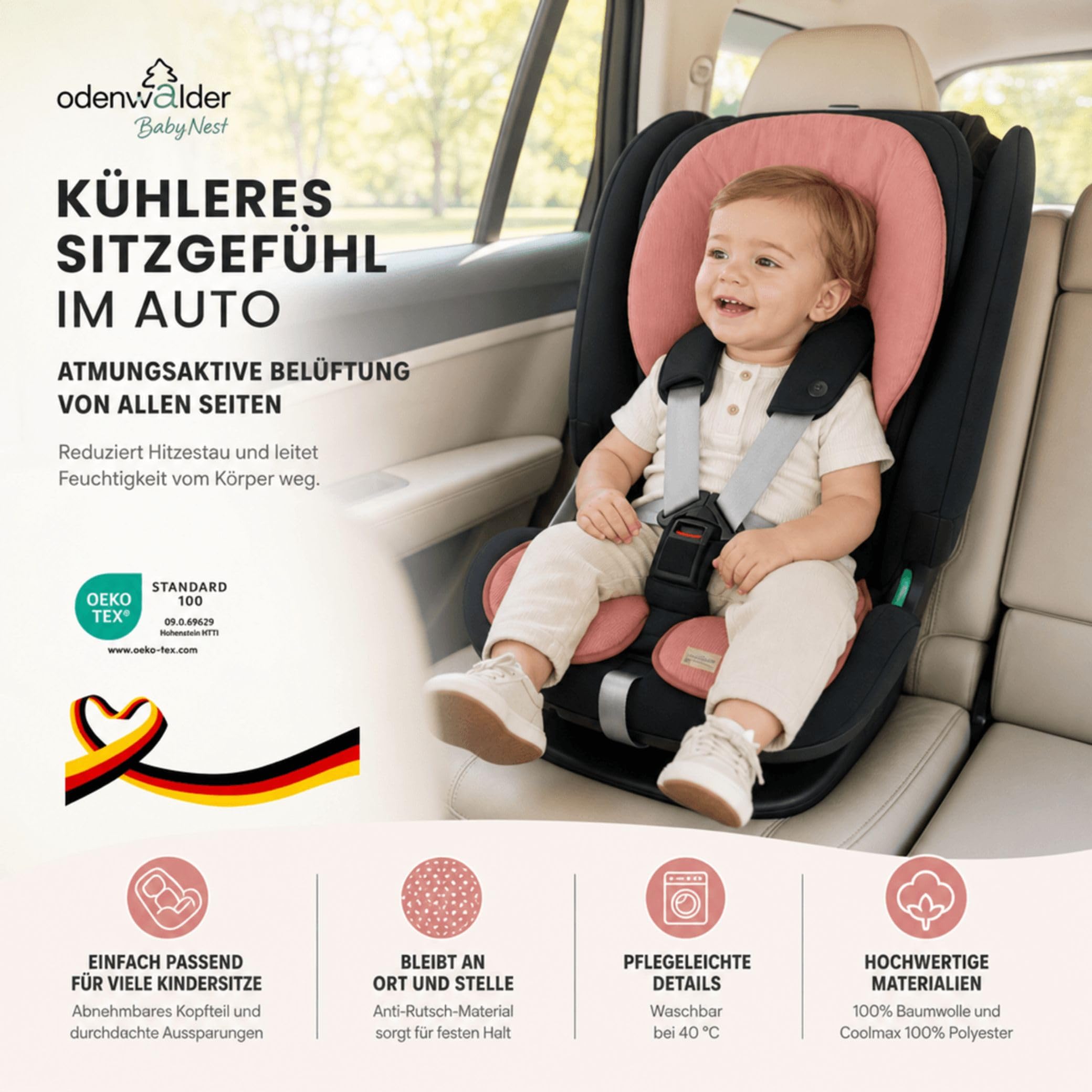 Odenwälder Babycool Sitzauflage für Autositze I Atmungsaktive Sommer Sitzeinlage Autositz I Schonbezug atmungsaktiv I Sommerbezug - Kühlt und schützt den Sitzbezug vor Flecken