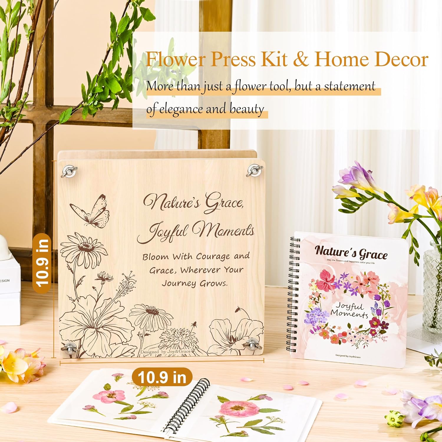 Joy&Grace Large Flower Press Kit for Adults & Kids with Designed Cover and DIY Album,10 Layers Plant Press and Plant Drying Toolkit, Flower Preservation Kit, 10.9" x 10.9" (Color Box, Natural Wood) - Image 2