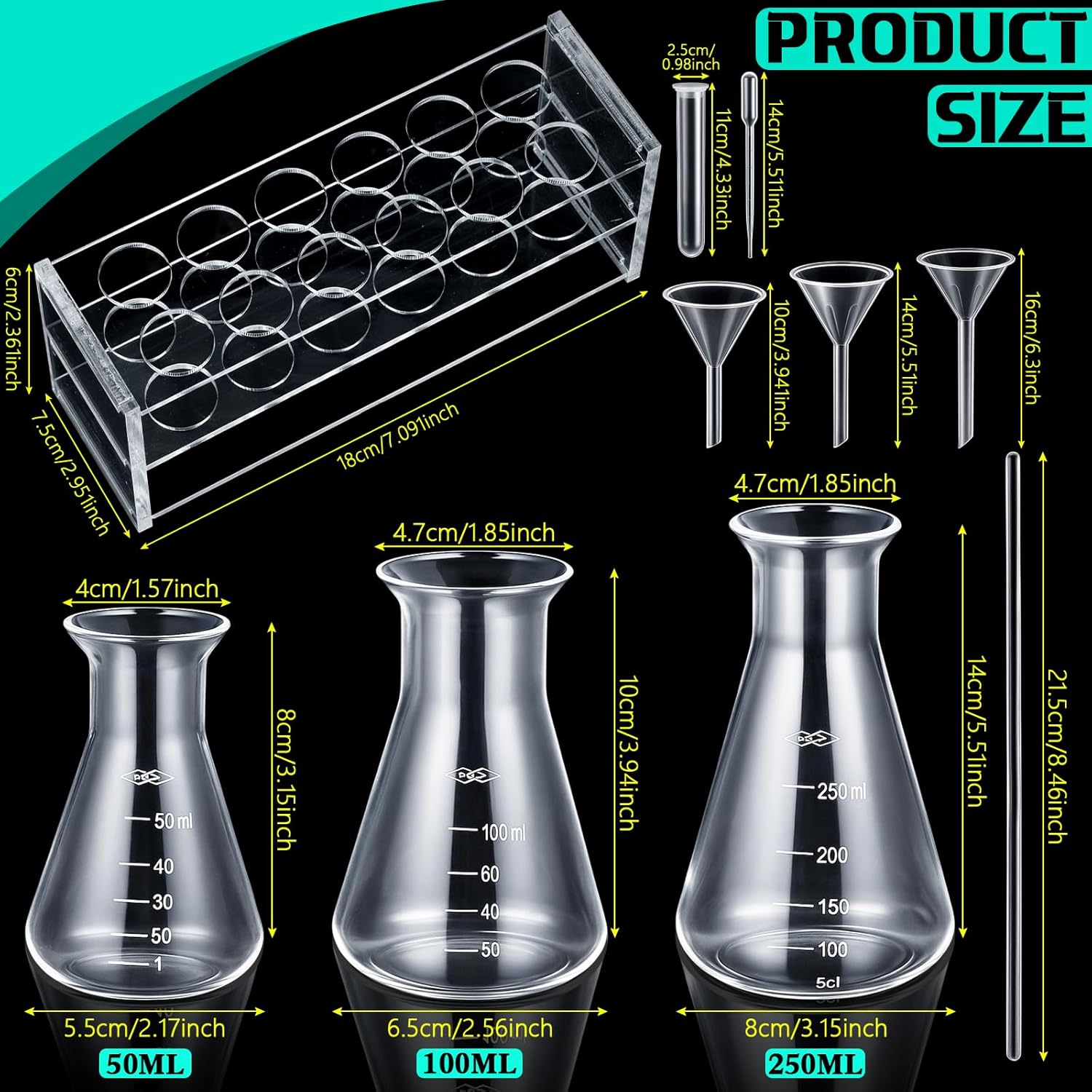 42 Pcs Beakers Test Tubes Set 5 Plastic Beakers 4 Graduated Cylinders 3 Long-Tube Funnels 3 Erlenmeyer Flask 4 Stirring Rods 10 Droppers 12 Plastic Test Tubes with Rack for Science Lab DIY