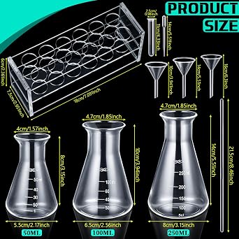 42 Pcs Beakers Test Tubes Set 5 Plastic Beakers 4 Graduated Cylinders 3 Long-Tube Funnels 3 Erlenmeyer Flask 4 Stirring Rods 10 Droppers 12 Plastic Test Tubes with Rack for Science Lab DIY